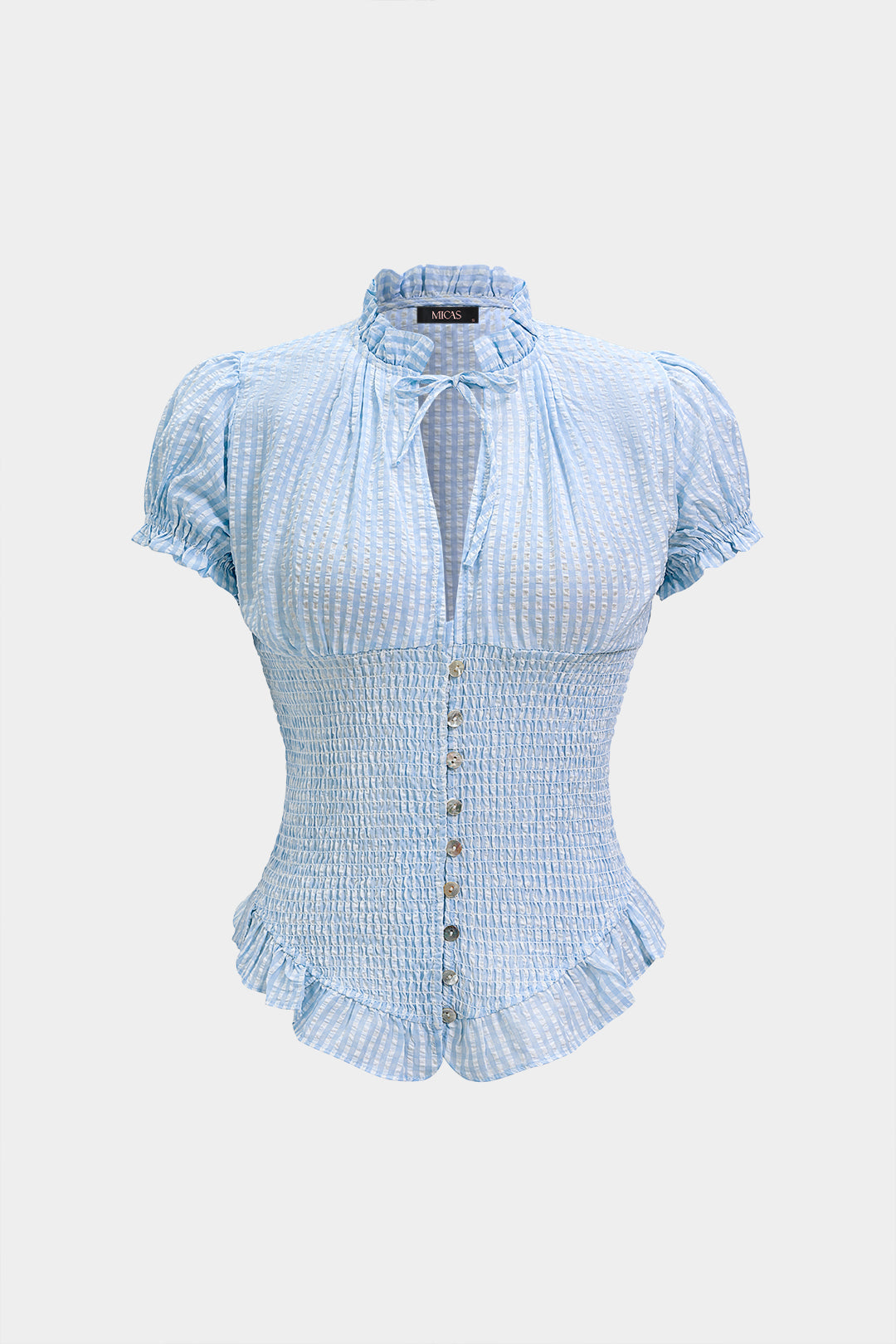 Chemise à manches courtes boutonnée, froncée, rayée, avec nœud et col en V