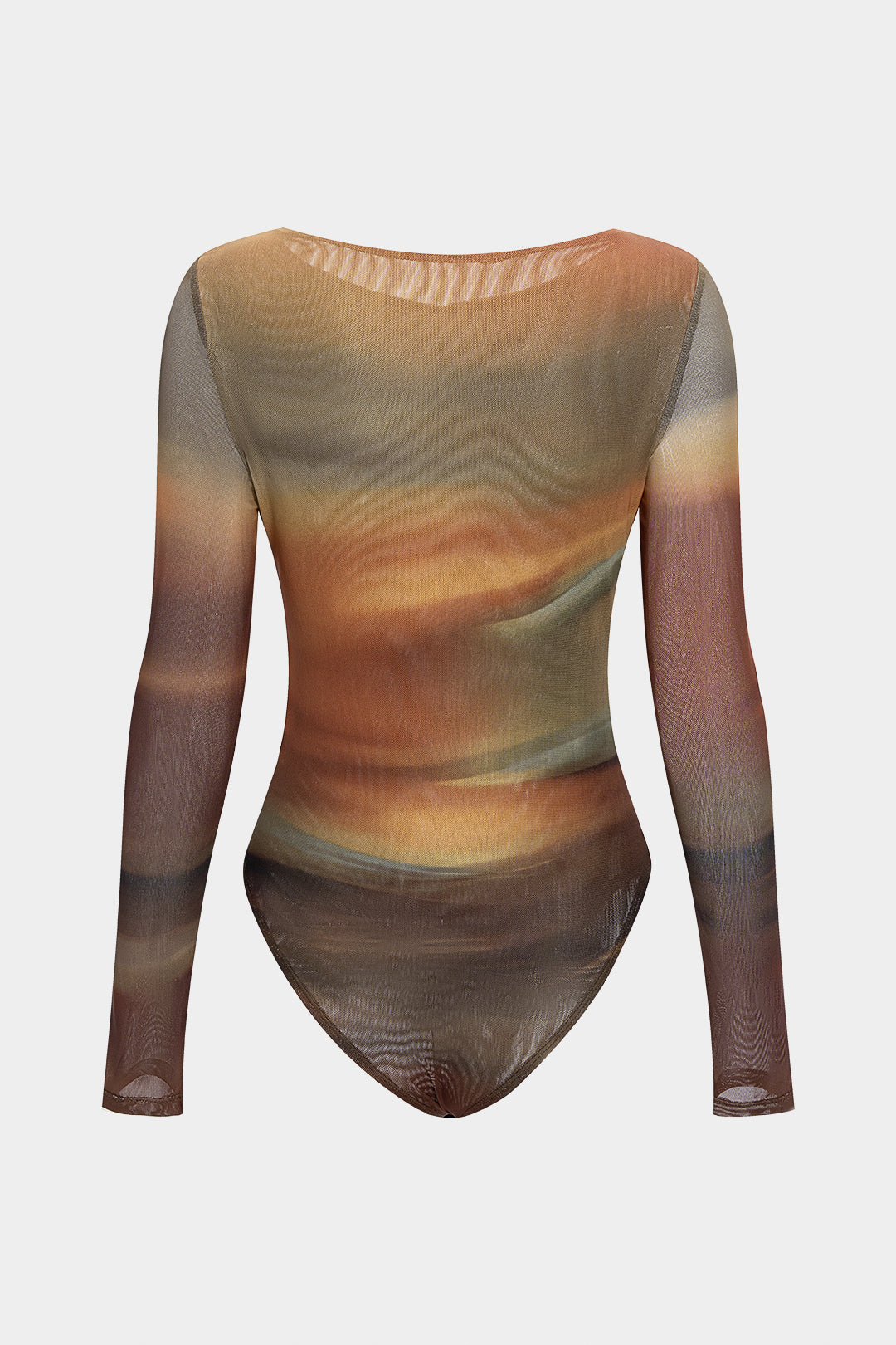 Ombre Print Mesh Ruched Boat Neck Long Sleeve Bodysuit