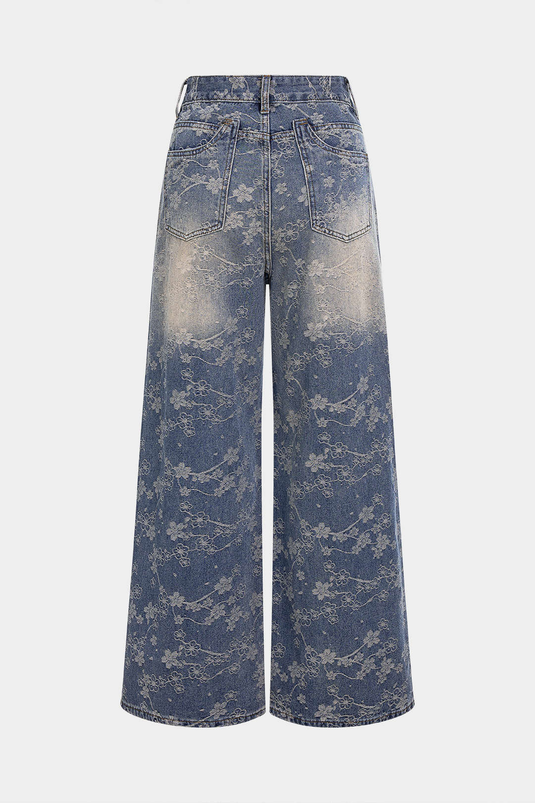 Denim Floral Print Rhinestone Pocket Straight Leg Jeans