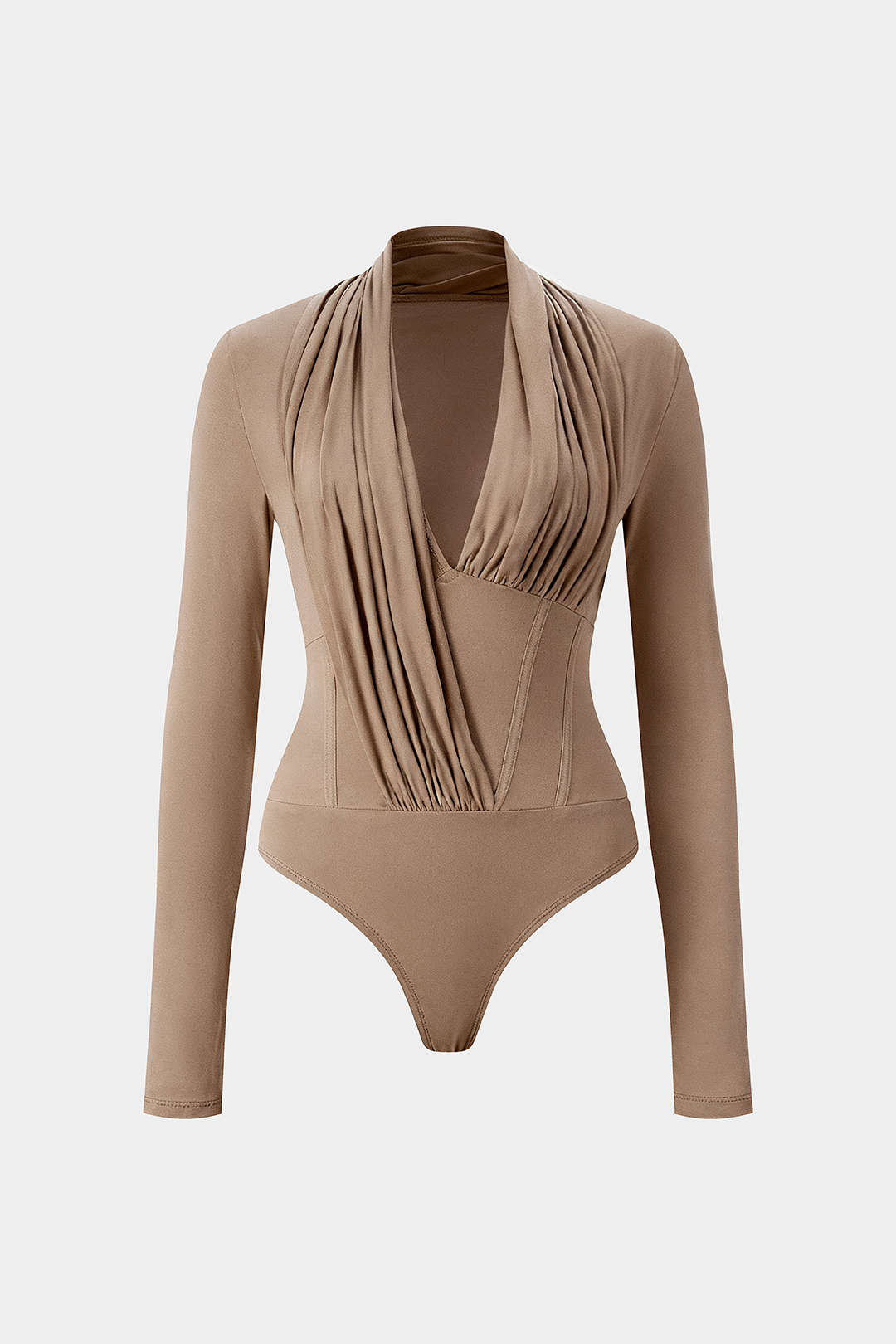 Body asymétrique à manches longues, froncé, avec fermeture éclair et effet corset
