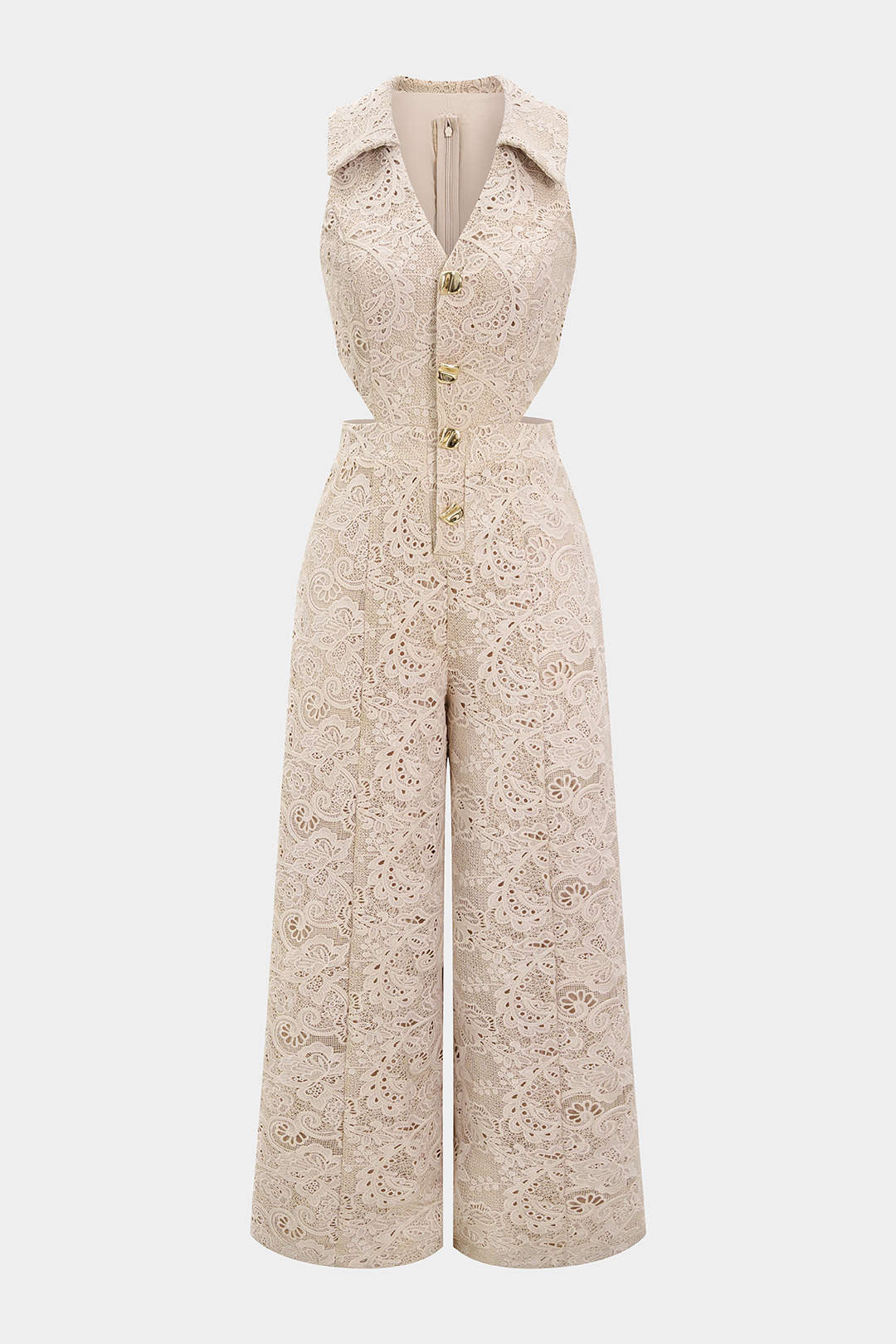 Spitzen-V-Ausschnitt-Jumpsuit mit Cut-Outs und ohne Ärmel