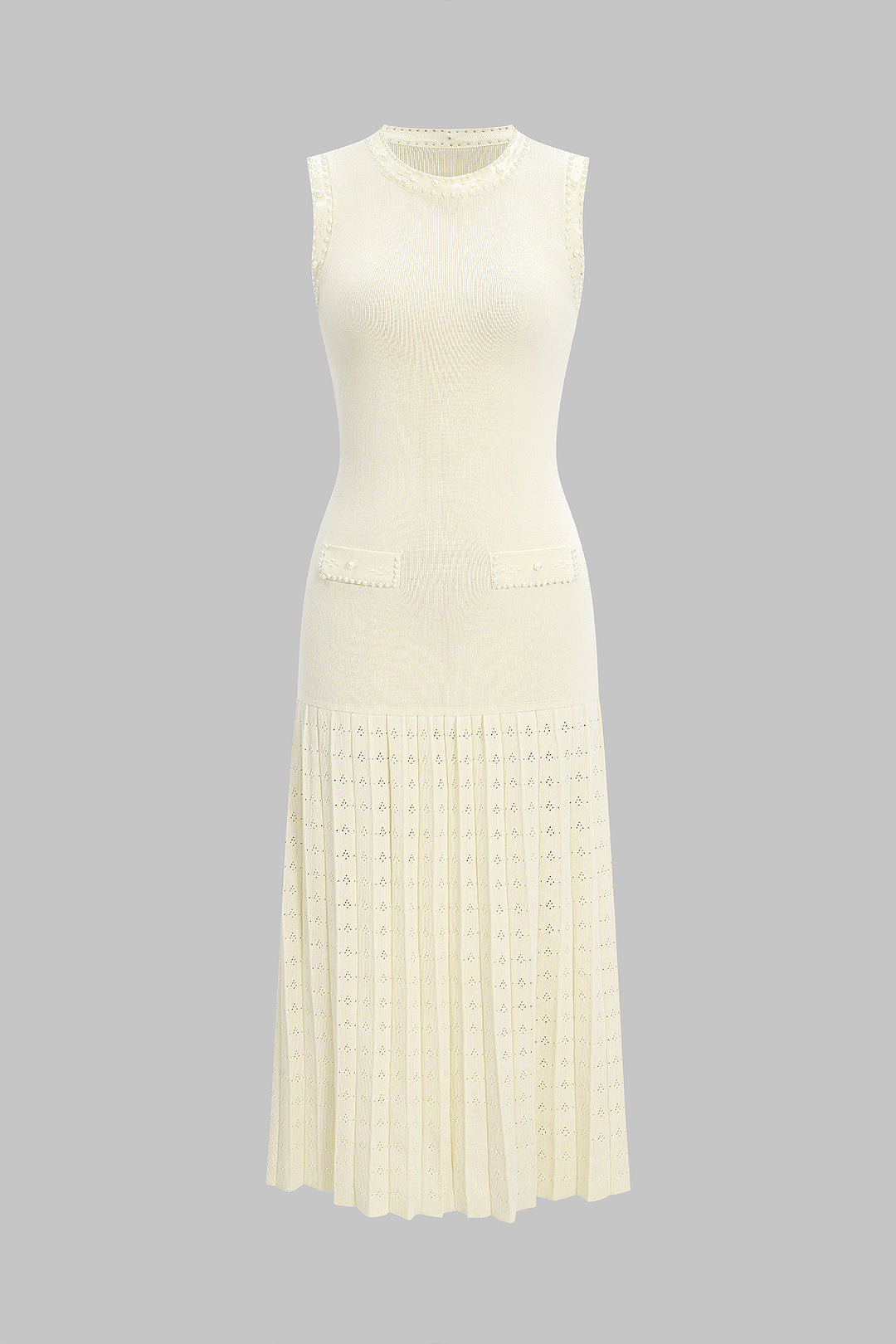 Knit Round Neck Hollow Out Pearls Decor Sleeveless Dress