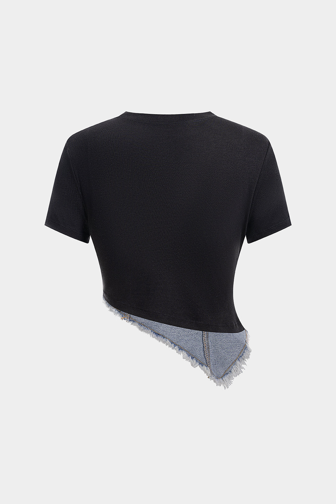 Denim Patchwork Round Neck Asymmetrical Hem Short Sleeve T-Shirt