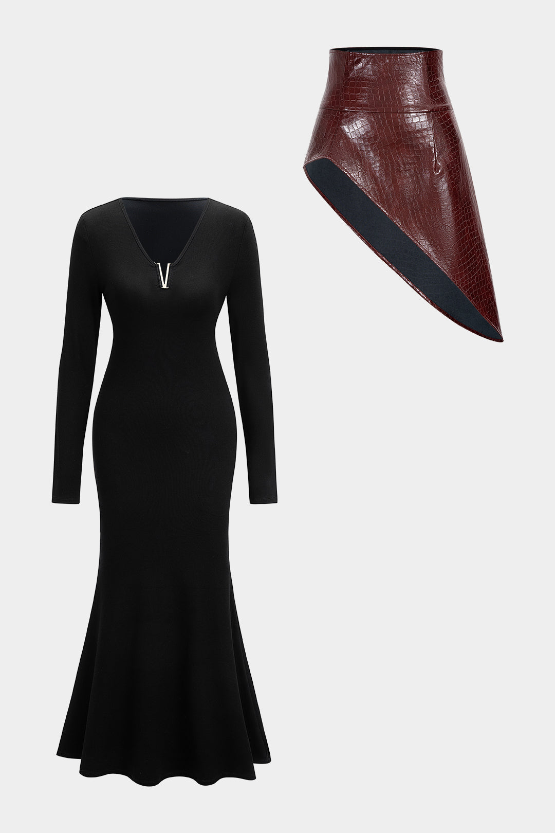 Solid Long-Sleeve Dress And Faux Leather Skirt Set