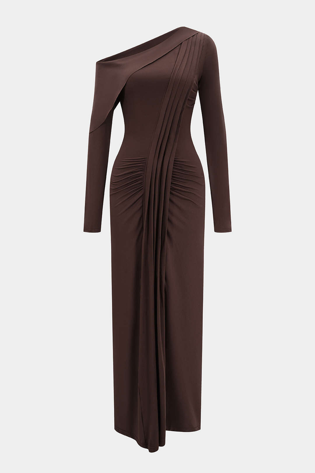 Asymmetrisches, gerafftes Maxikleid mit langen Ärmeln und One-Shoulder-Ausschnitt
