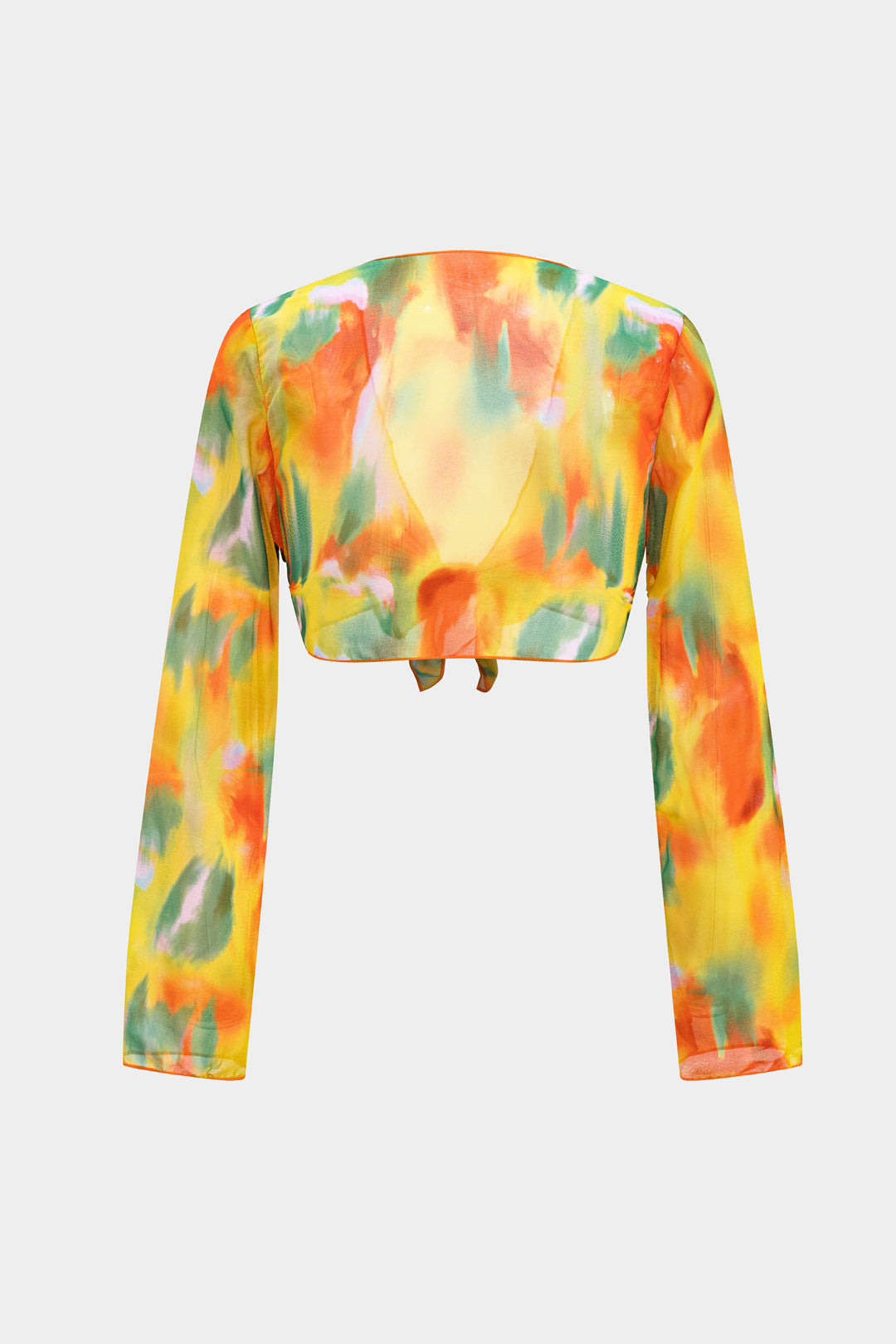 Chiffon-Set mit Aquarellprint, vorne gebundenem Langarmtop und weiter Hose