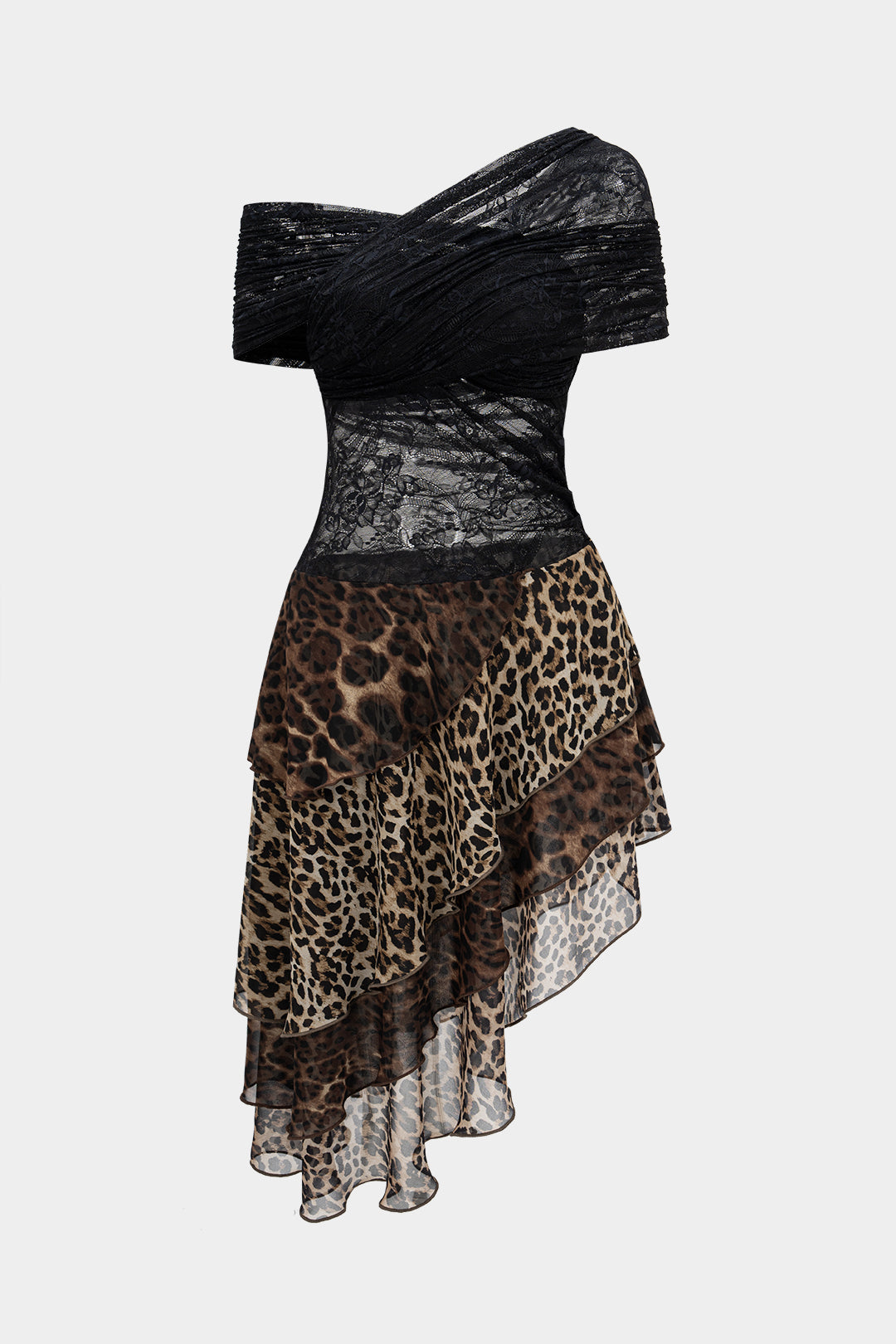 Leopardenmuster Spitze Patchwork Asymmetrischer Saum Ärmelloses Minikleid