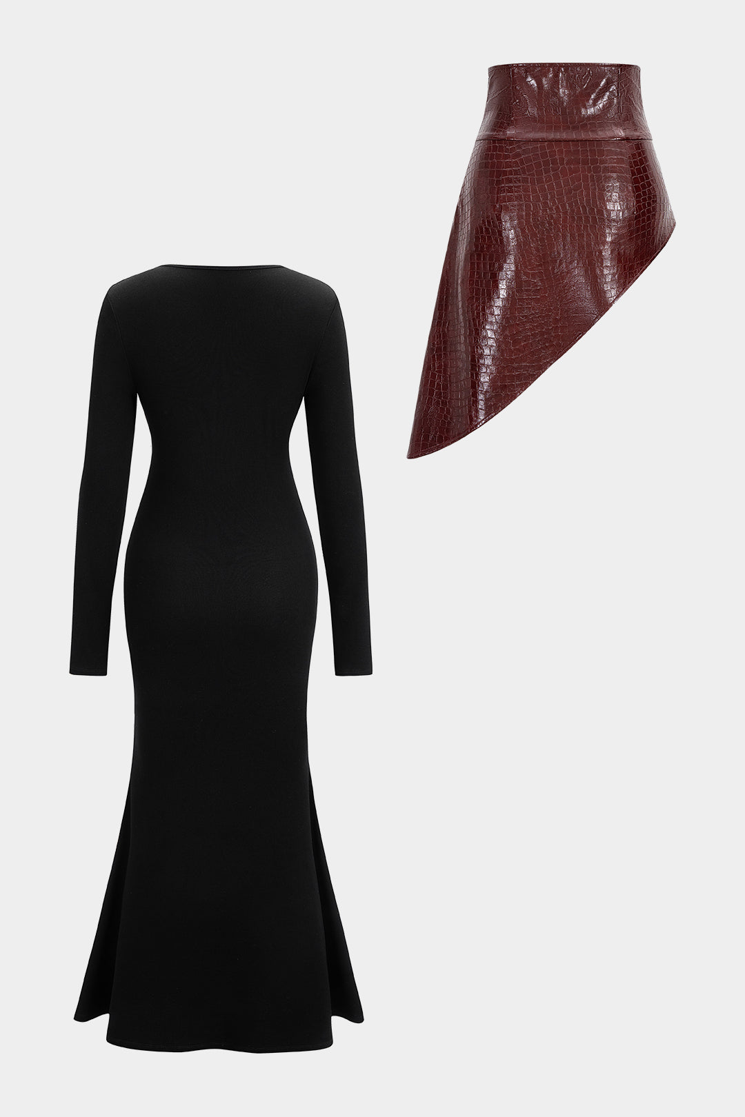 Solid Long-Sleeve Dress And Faux Leather Skirt Set