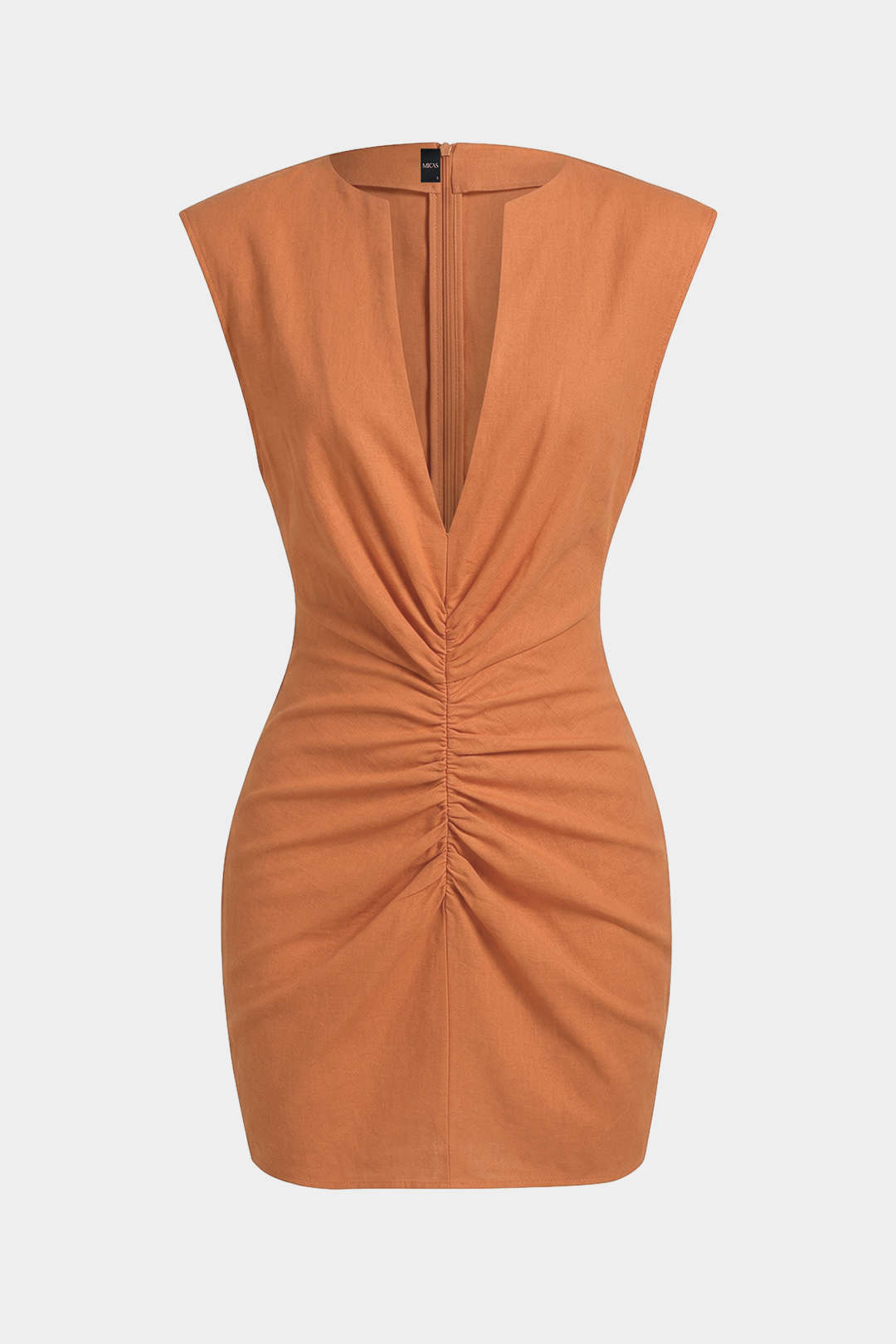 Mini-robe sans manches en lin à col en V, froncée et zippée