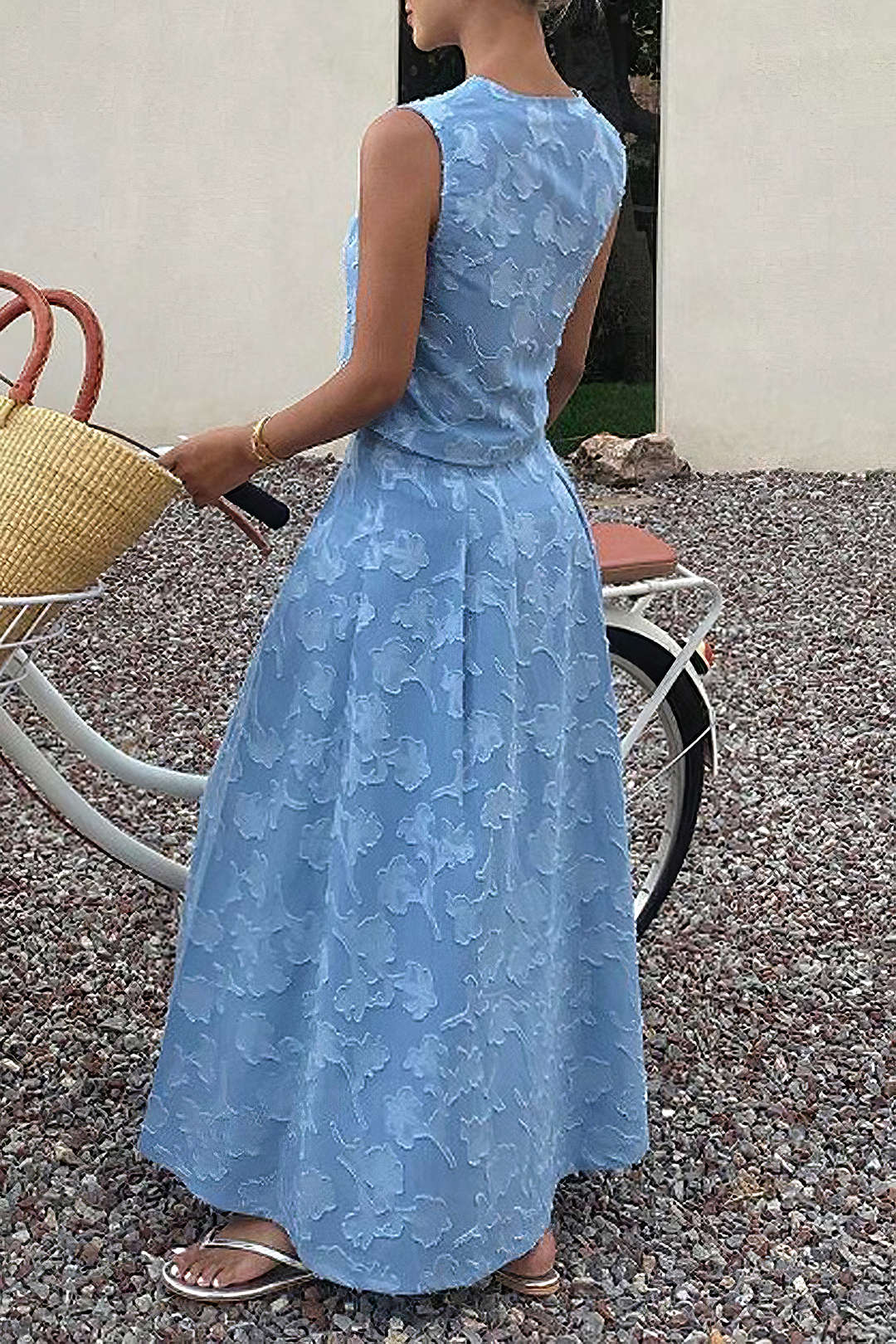 Jacquard V-Neck Vest And High Waist Ruched Skirt Set