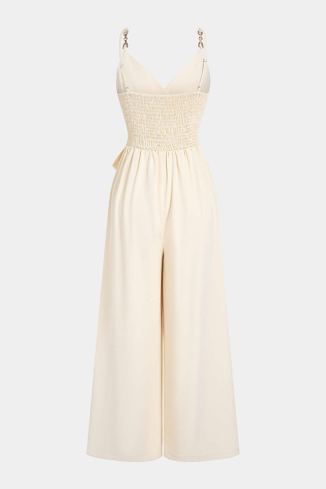 Ärmelloser Jumpsuit mit überkreuztem V-Ausschnitt, Wickeldetail und Metallic-Kette
