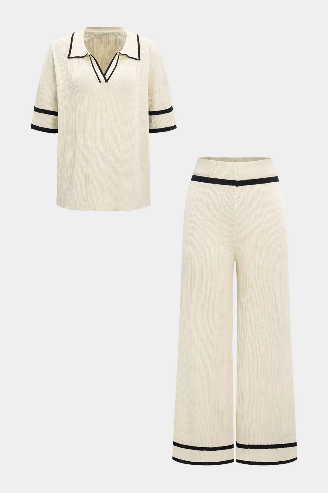 Knit Contrast Binding Lapel Short-Sleeve Top And Wide Leg Pants Set