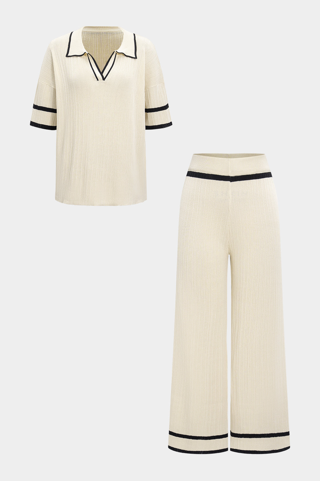 Strick-Set mit paspeliertem Revers, Kurzarm-Top und weiter Hose