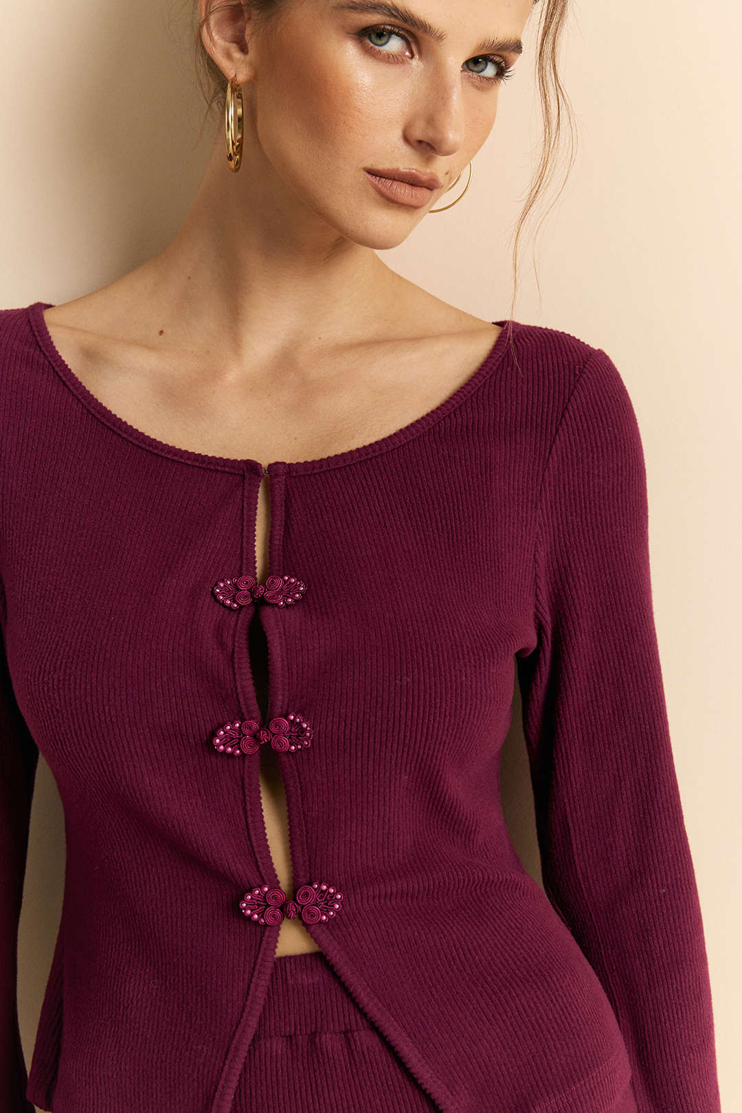 Knit Frog Button Long-Sleeve Top And Skirt Set