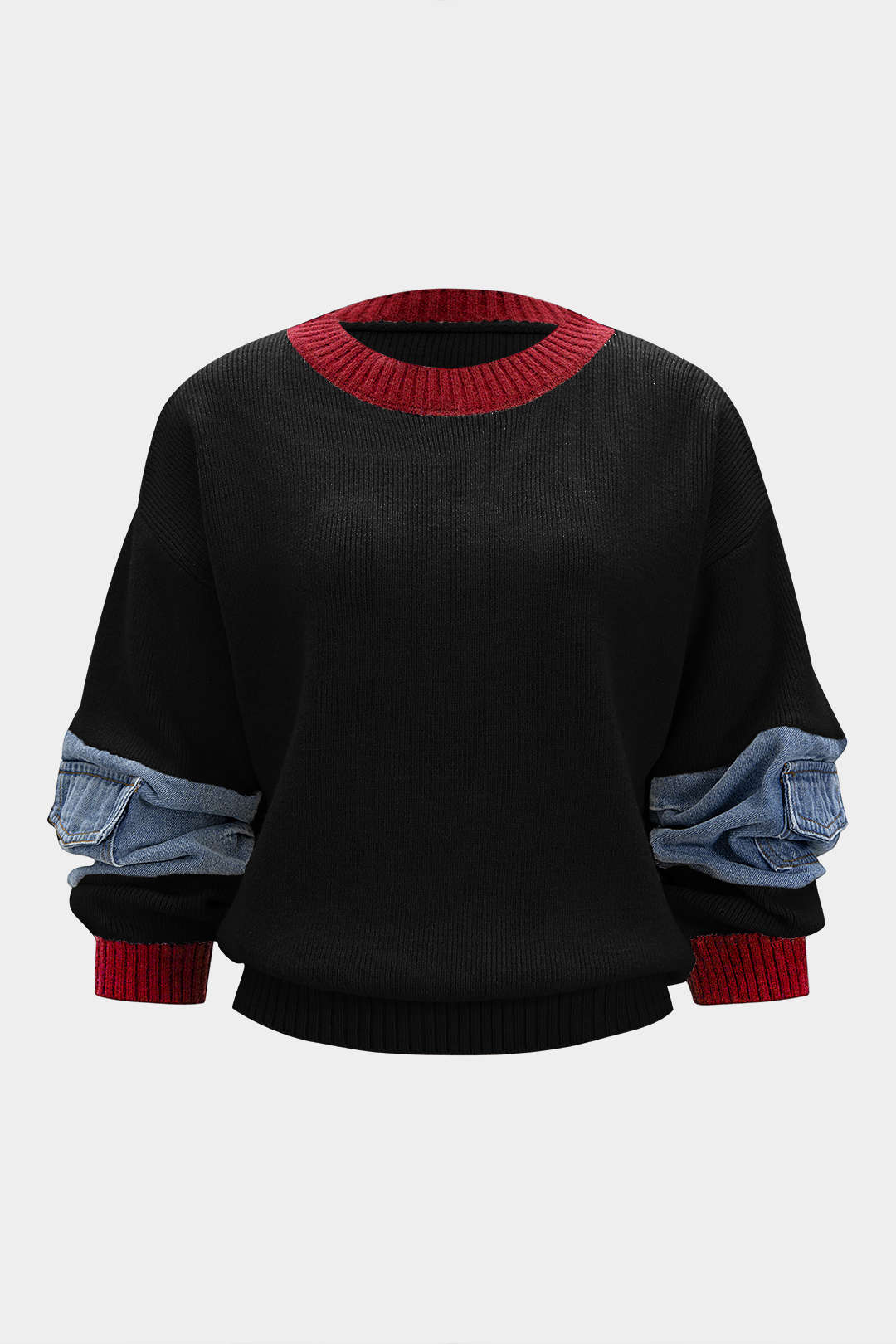 Strick-Denim-Patchwork-Langarmtop mit Kontrastrippen