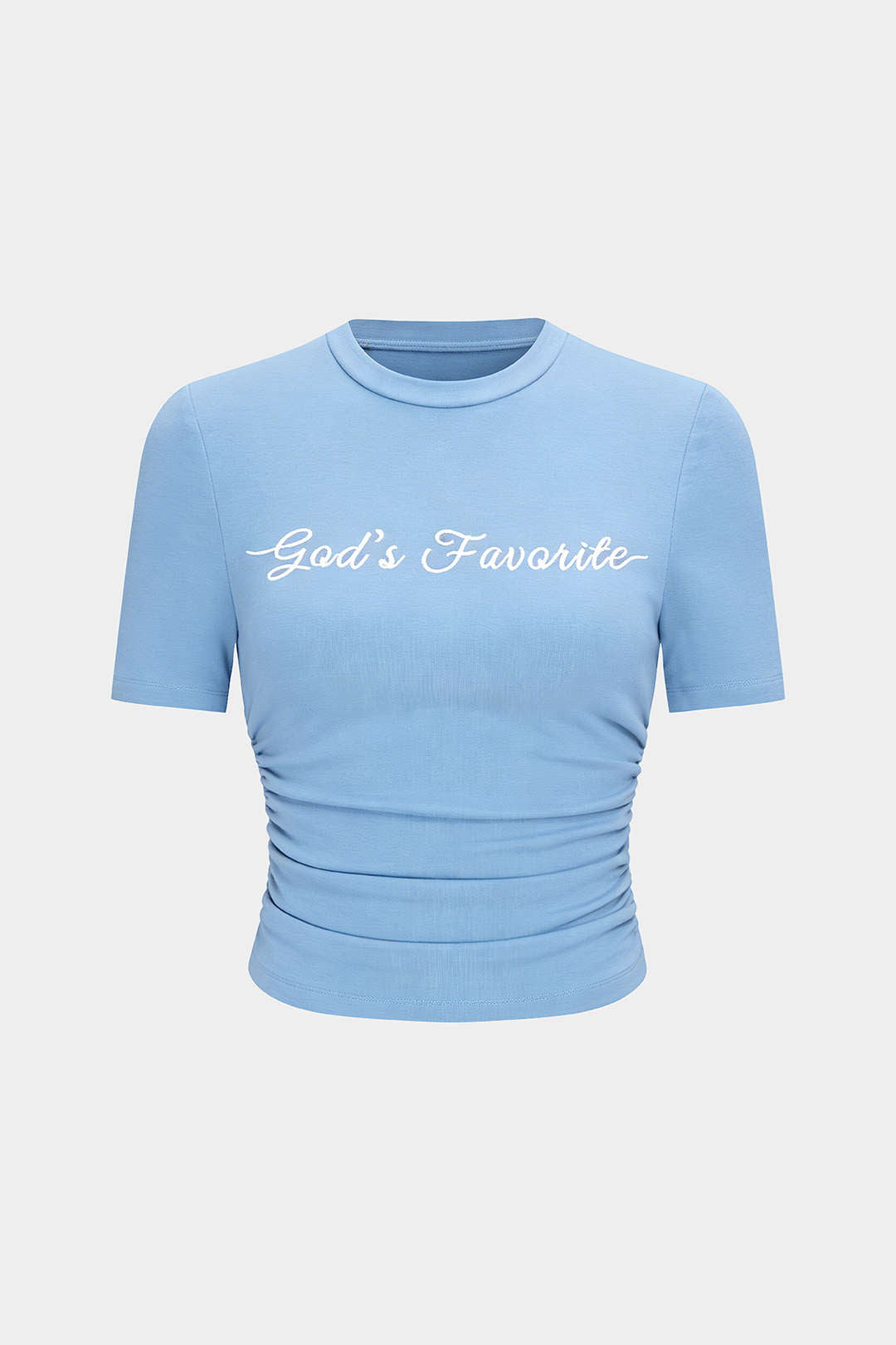 Besticktes T-Shirt mit Rundhalsausschnitt, gerafften kurzen Ärmeln und Schriftzug