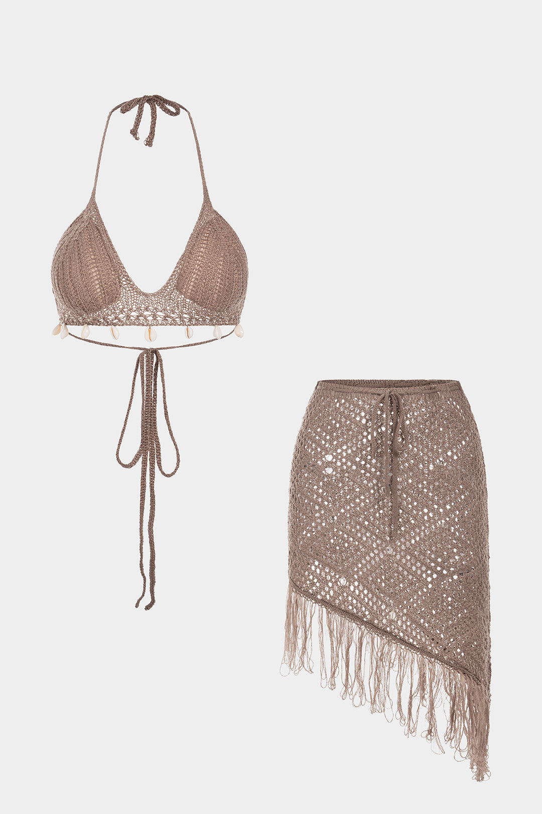 Knit Hollow Out Fringe Halter Neck Tie-Up Cami Top And Asymmetrical Skirt Set