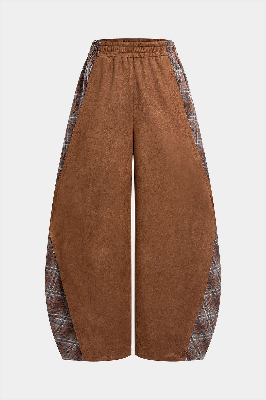 Hose mit Karodruck, Wildleder-Patchwork und gerafftem Bund