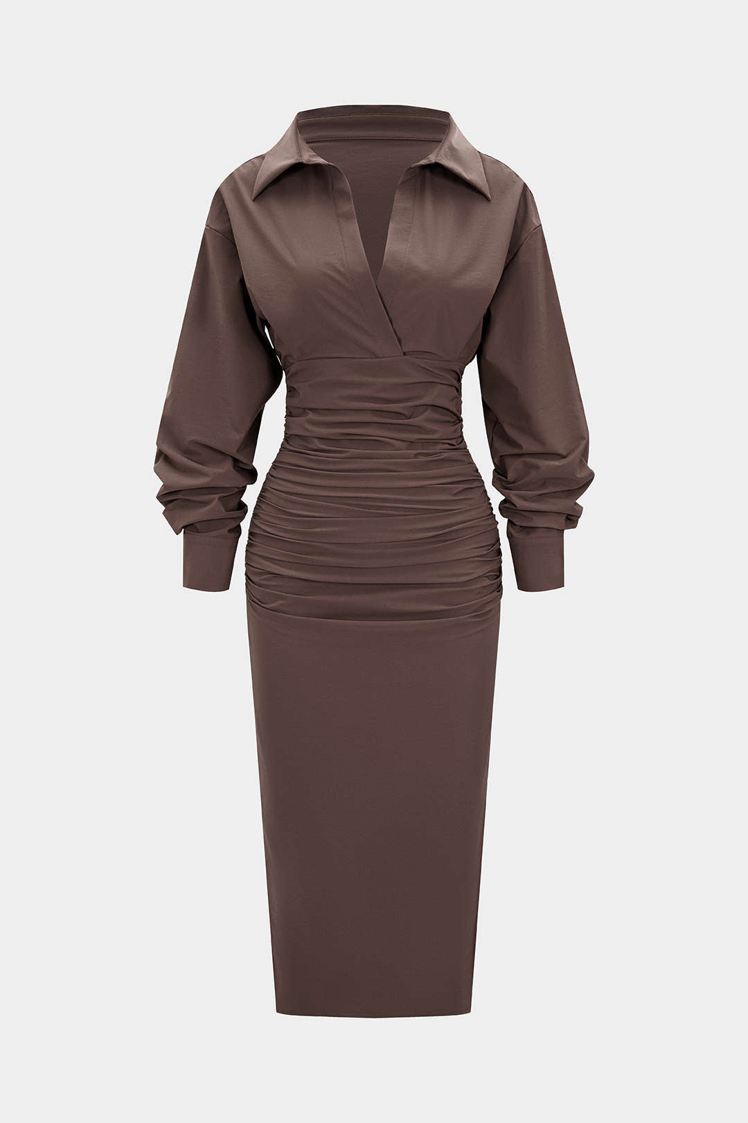 Einfarbiges gerafftes Langarm-Midikleid