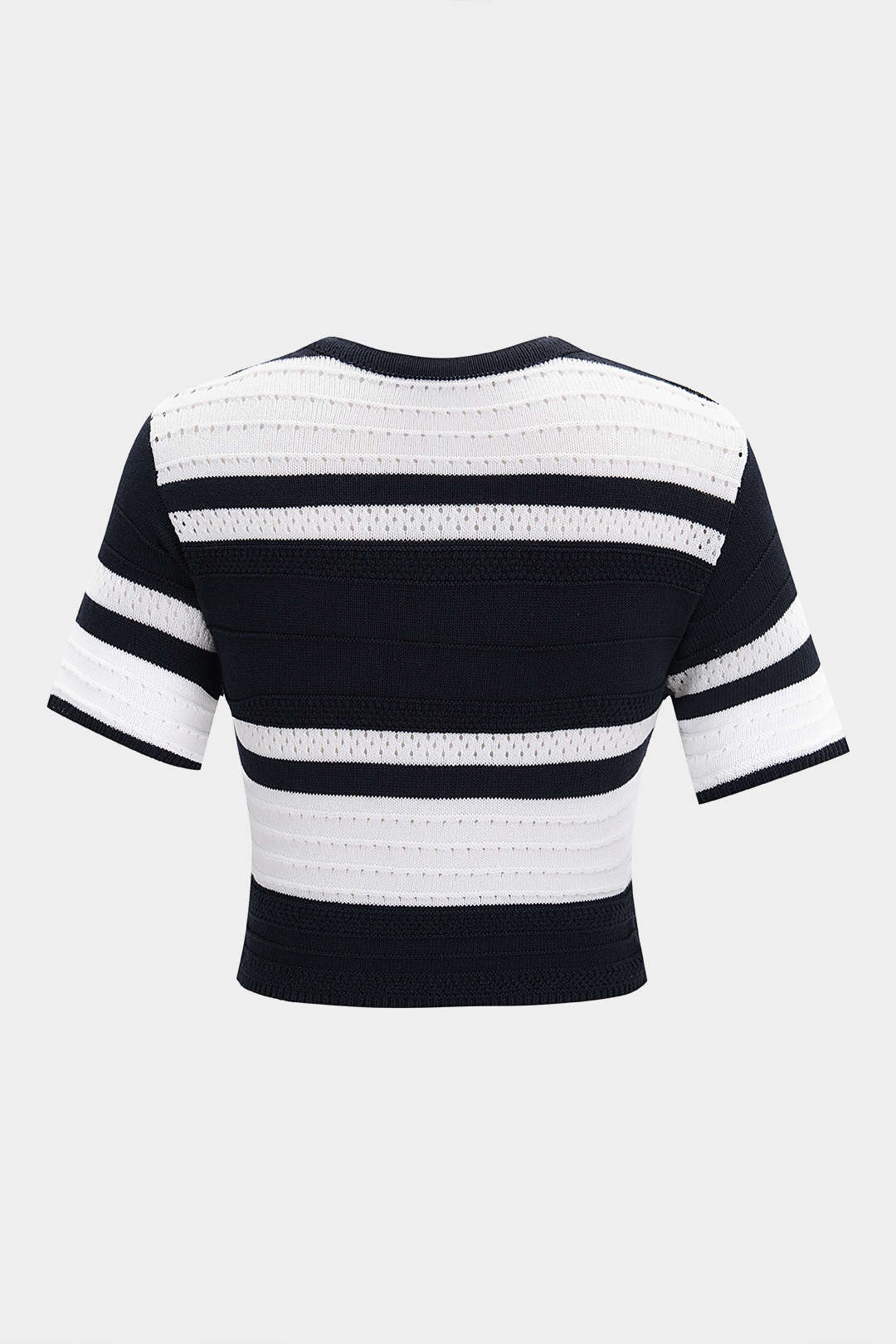 Knit Contrast Striped Hollow Out Round Neck Short Sleeve Top