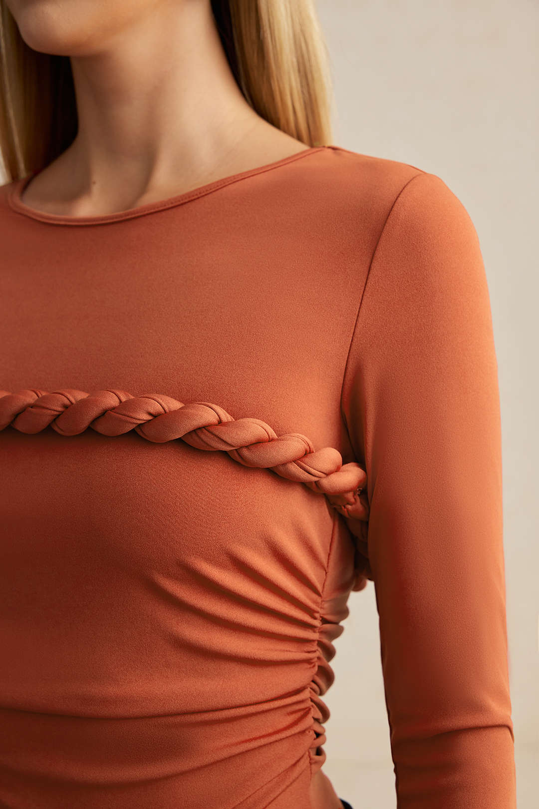 Twist Knot Ruched Long-Sleeve Bodysuit