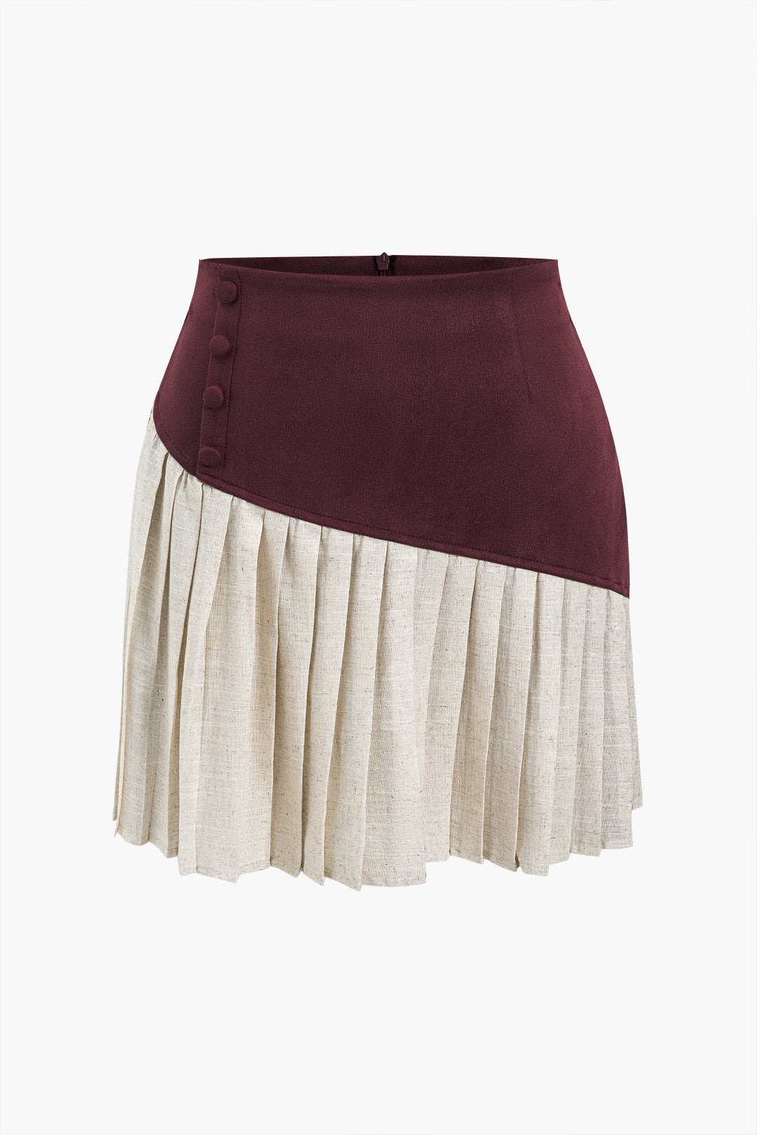 Linen Button Patchwork Pleated Skirt
