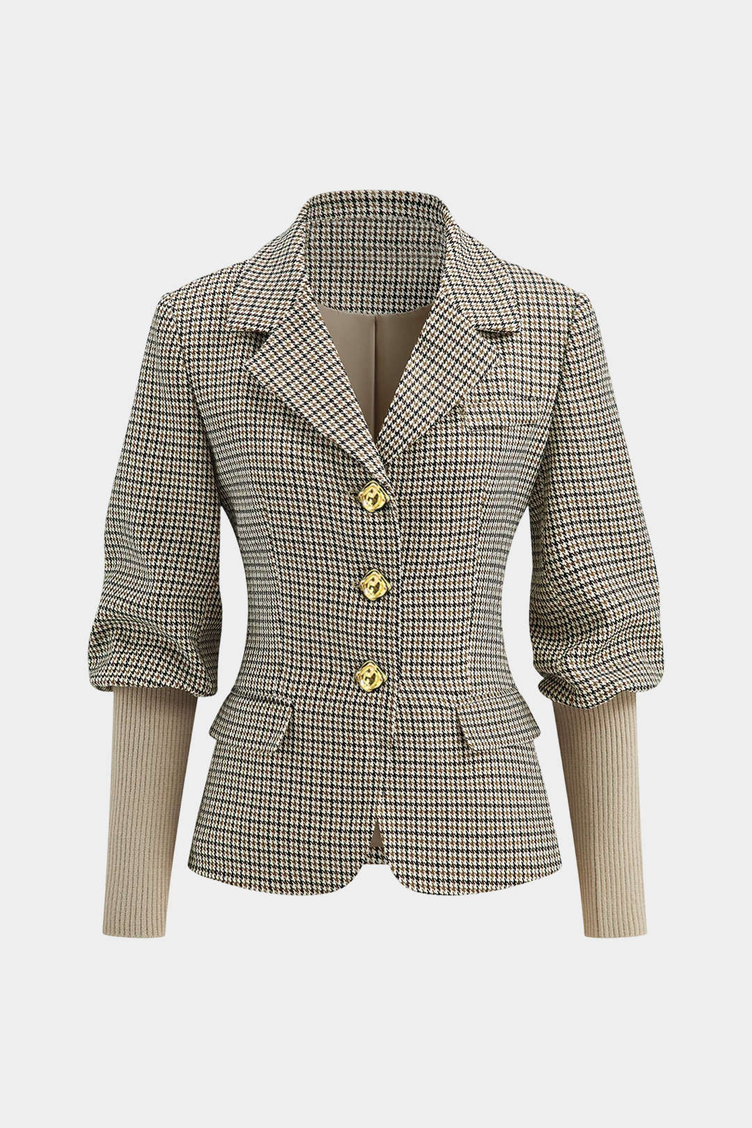 Plaid Print Notched Lapel Patchwork Fake Pockets Blazer