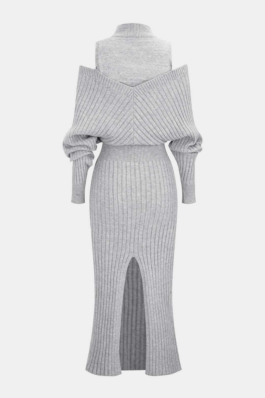 Knit Mock Neck Cut Out Ribbed Long Sleeve Maxi Dress