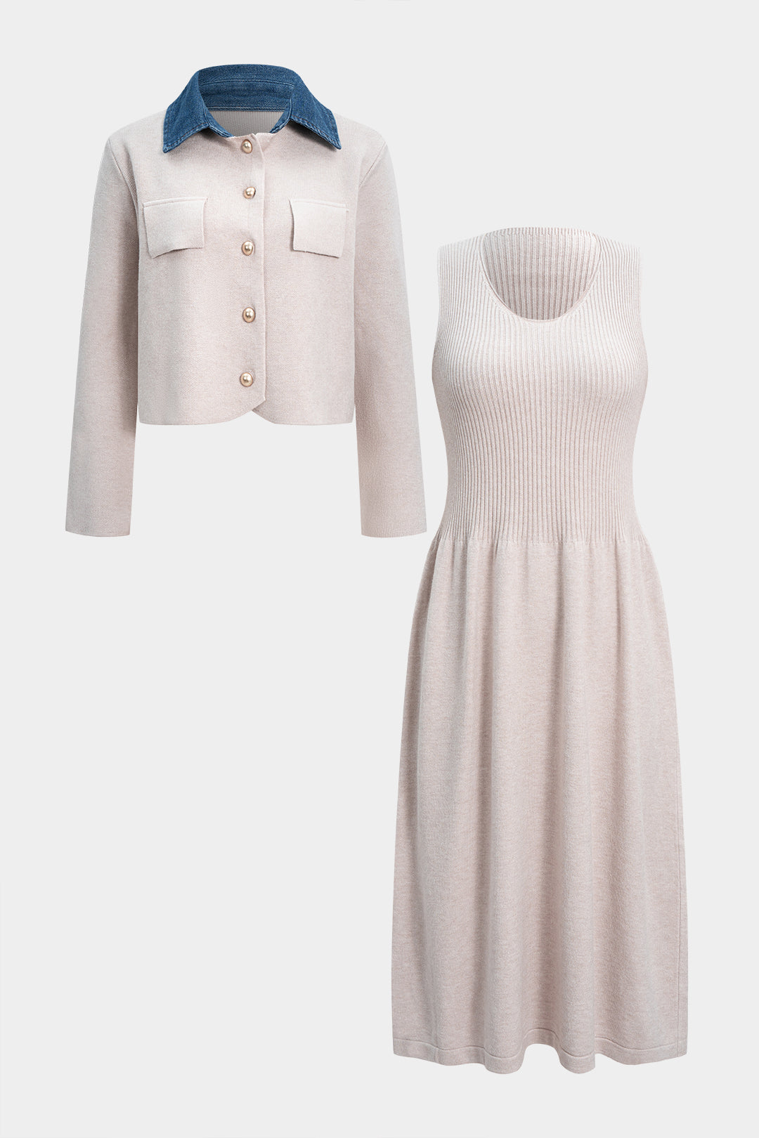 Knit Patchwork Button Cardigan And Ribbed Sleeveless Dress Set