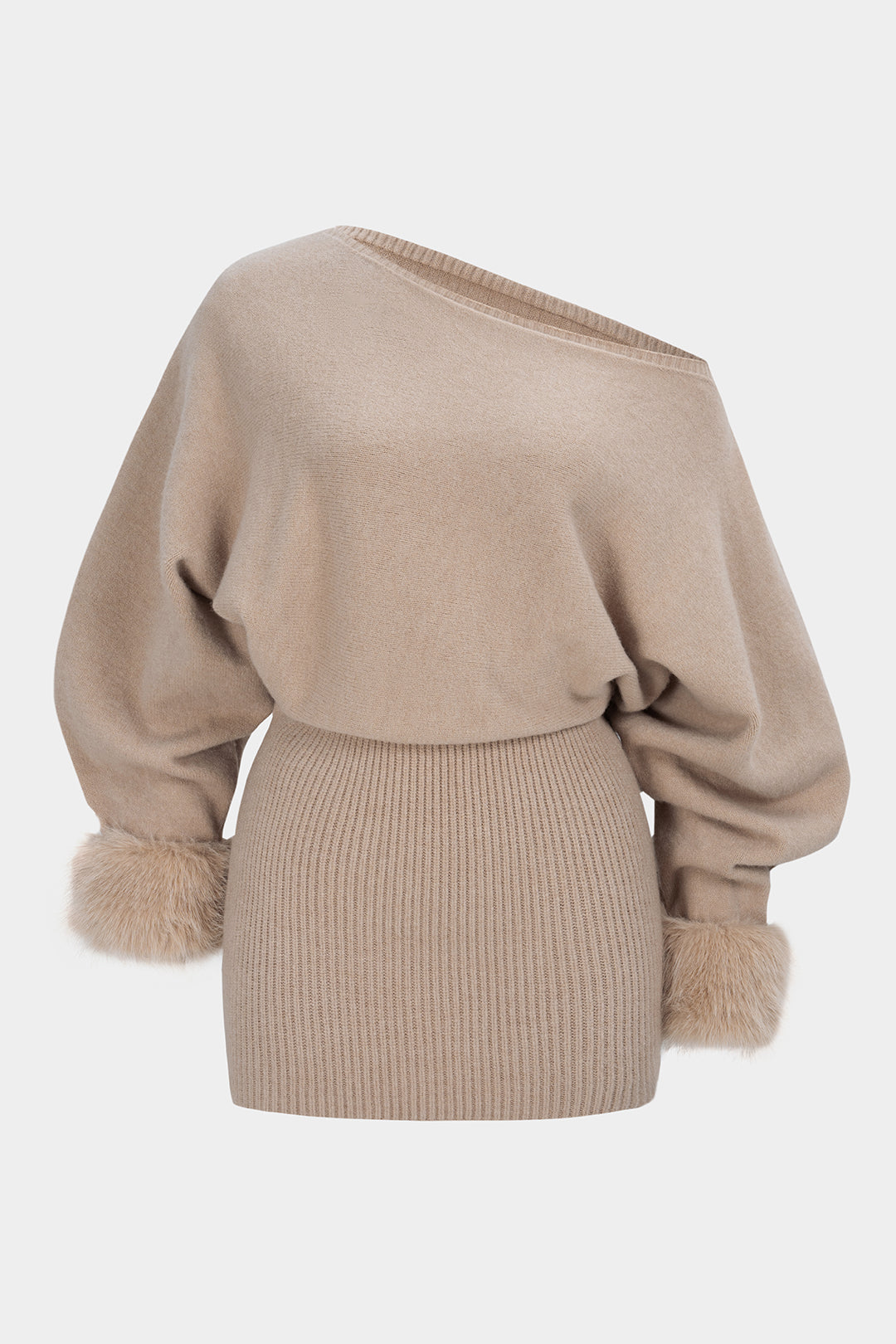 Gestricktes Patchwork-Faux-Fur One-Shoulder-Minikleid mit langen Ärmeln