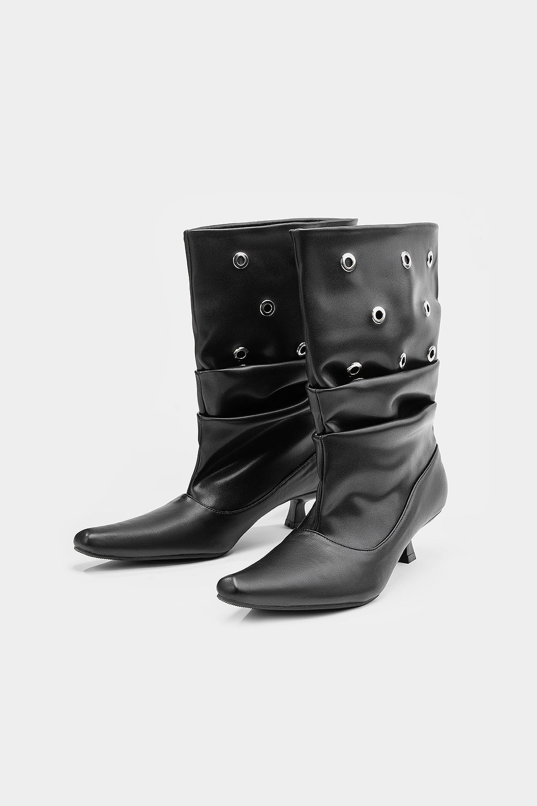 Studded Faux Leather Pointed Mid Calf Boots