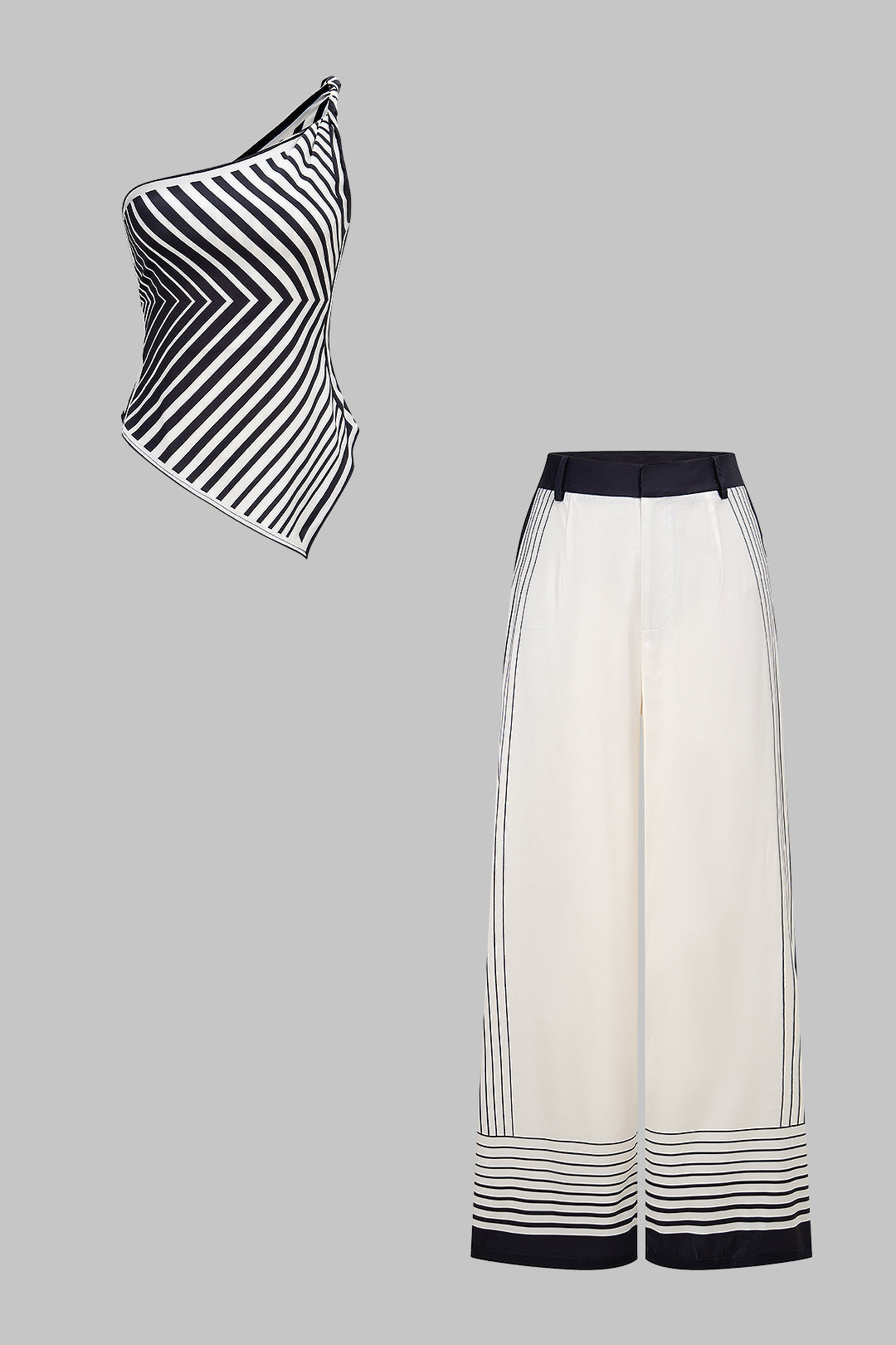 Stripe Contrast Print Satin Ein-Schulter-Twist-Knoten-Oberteil und High-Waist-Weite-Bein-Hosen-Set