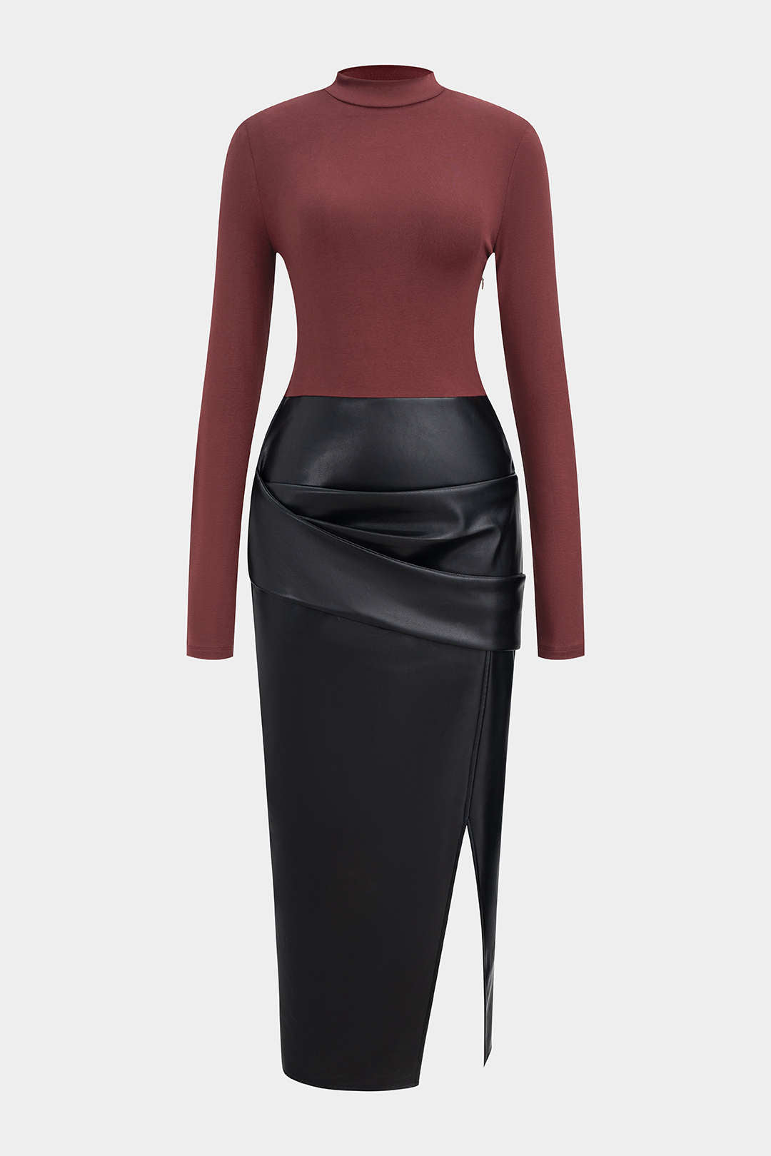 Kunstleder-Patchwork-Midikleid mit Stehkragen, Raffungen und langen Ärmeln