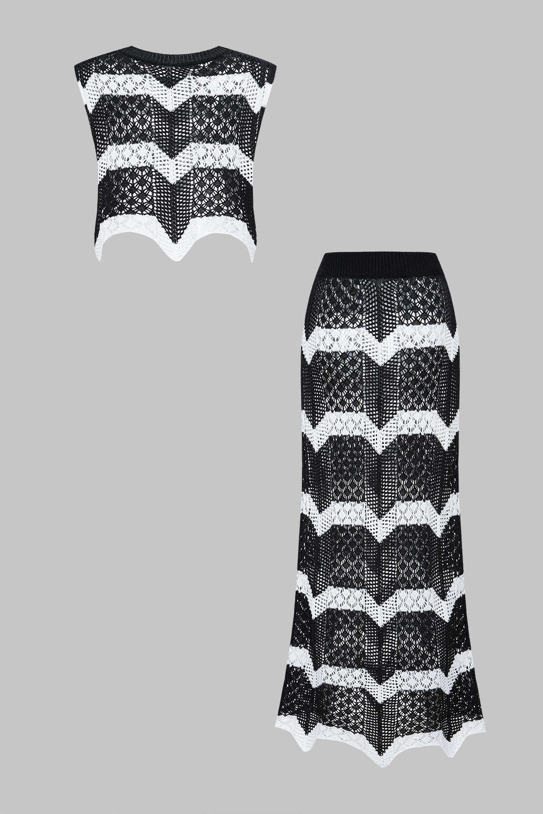 Knit Contrast Hollow Out Tank Top And Skirt Set