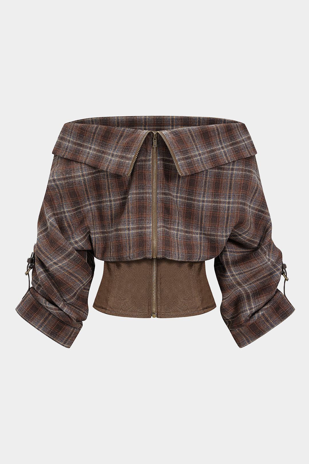 Plaid-Print-Satin-Patchwork-Off-Shoulder-Reißverschluss-Langarm-Hemd