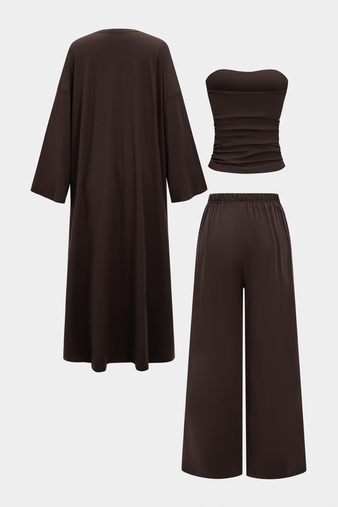 Langes Cardigan-Set mit gerafftem Bandeau-Top und weiter Hose