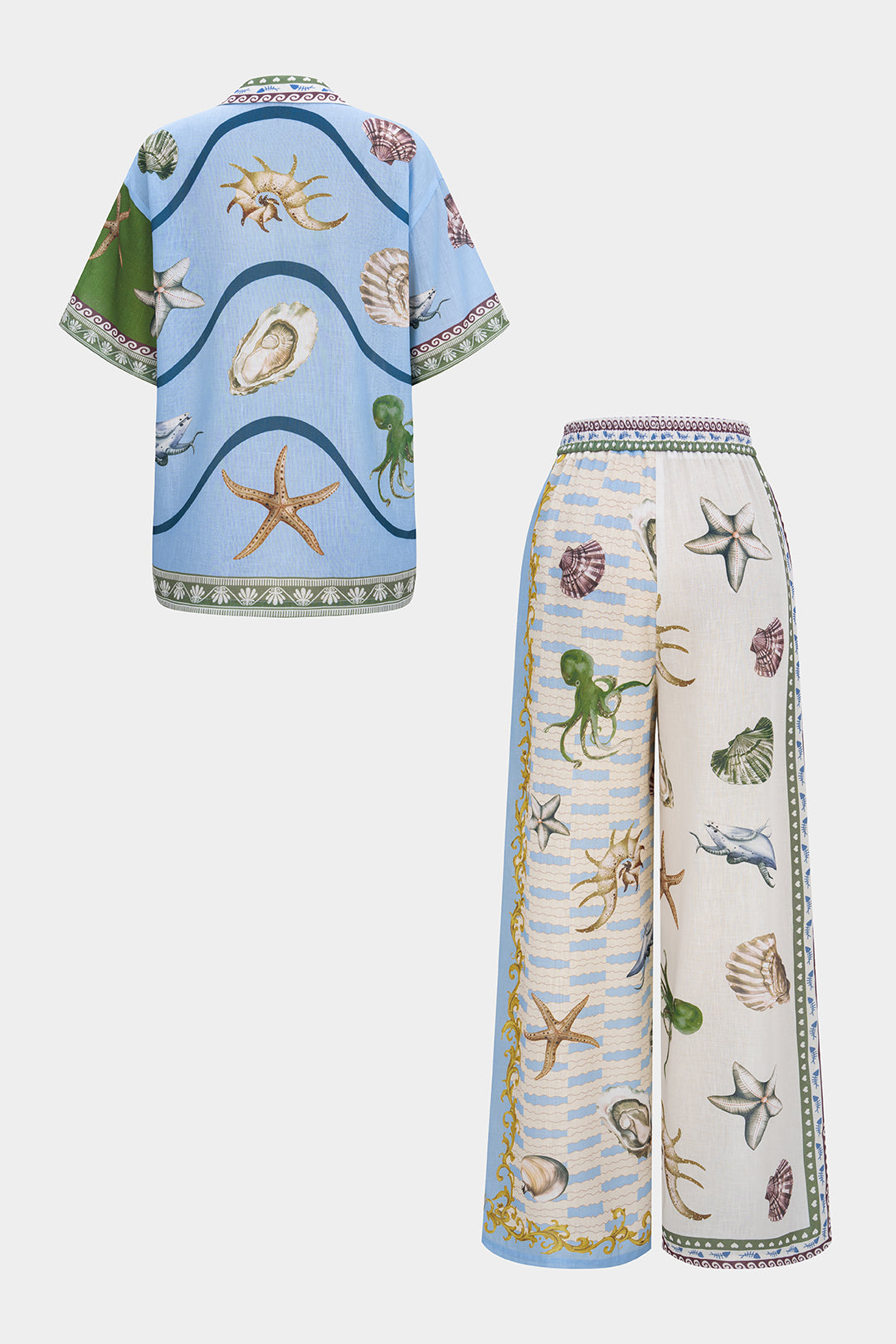 Hemd mit kurzen Ärmeln und Satin-Knöpfen mit Ozean-Print und Hose mit weitem Bein und gerafftem Bund