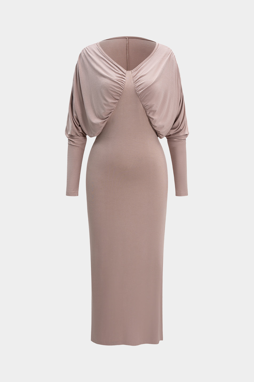 Robe longue froncée à manches chauve-souris et col en V