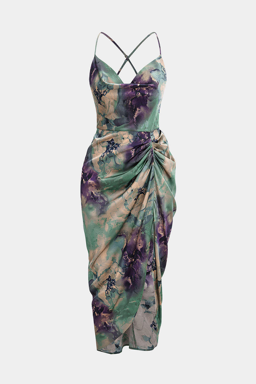 Floral Print Satin Draped Cowl Neck Asymmetrical Ruched Sleeveless Midi Dress