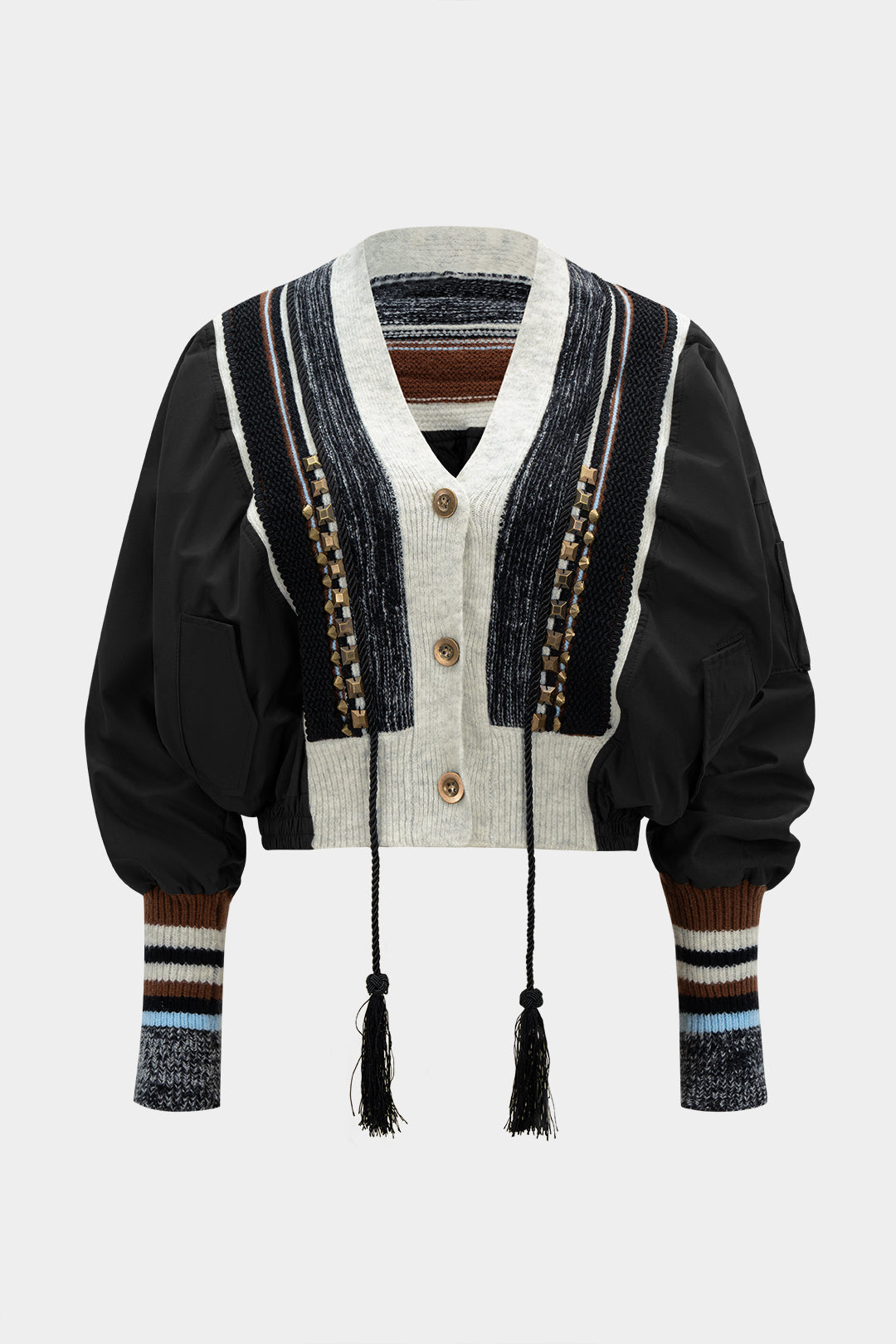 Knit Patchwork V-Neck Studded Fringe Decor Puffer