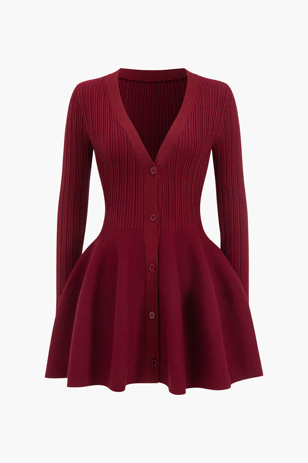 Knit V-Neck Puff Hem Long Sleeve Mini Dress