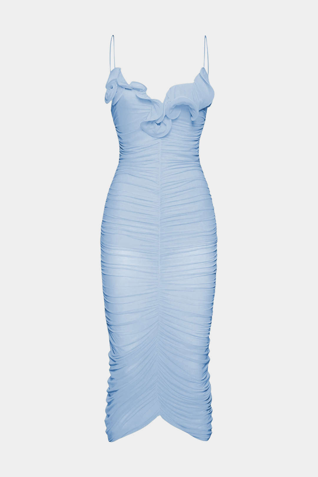 Ärmelloses Midi-Kleid mit Muschelsaum und Raffungen aus Mesh