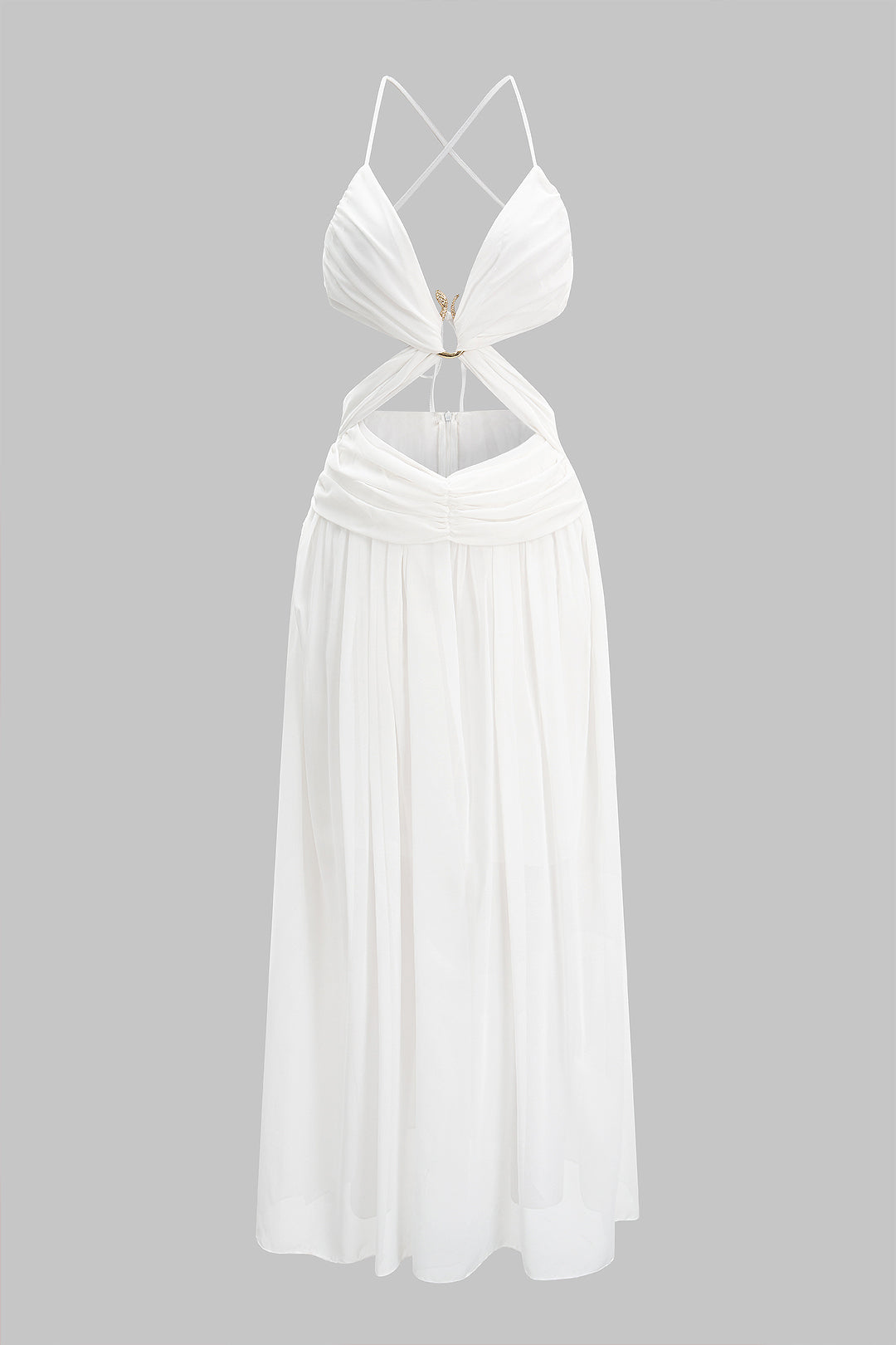 Robe longue sans manches froncée à découpes croisées métallisées