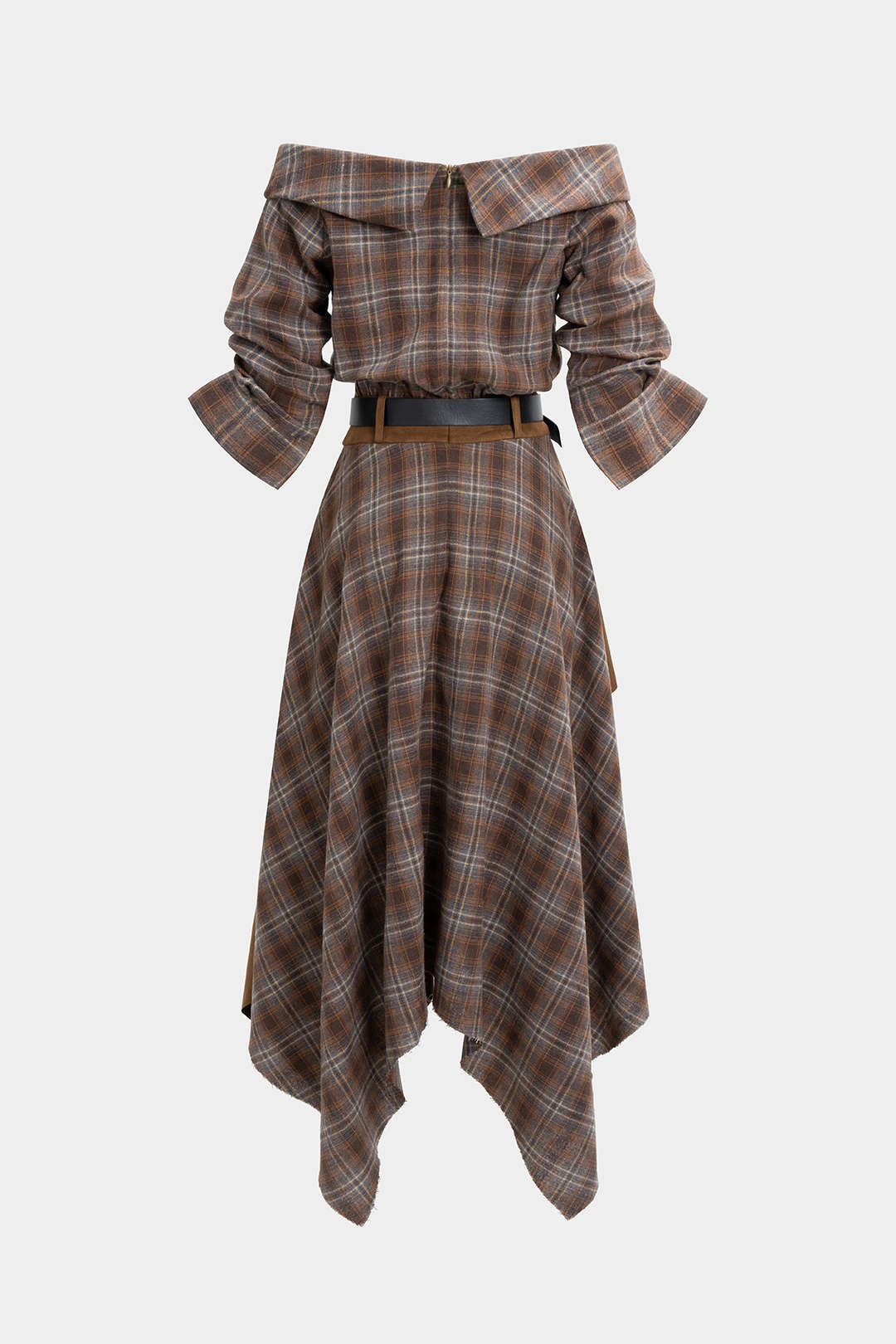Off-Shoulder Midikleid aus Wildlederimitat mit Karomuster, Reißverschluss und Gürtel