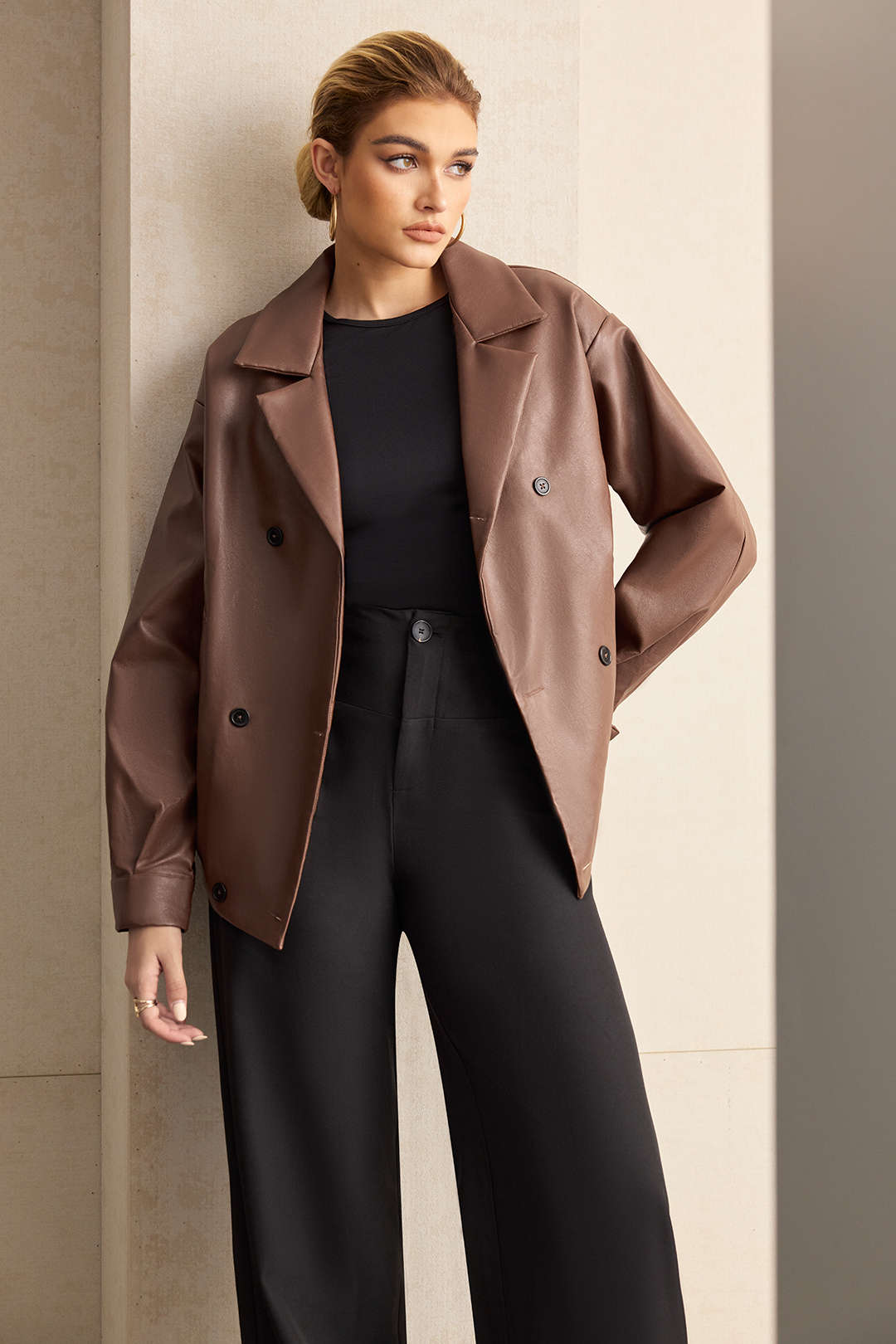 Faux Leather Notched Lapel Blazer