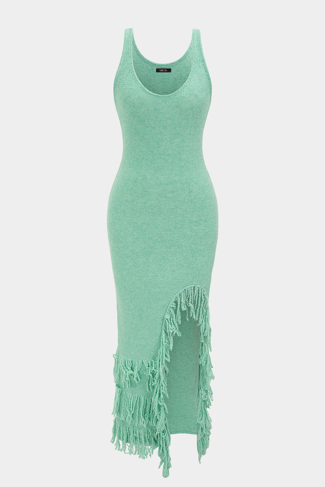 Robe longue sans manches en maille fendue à franges