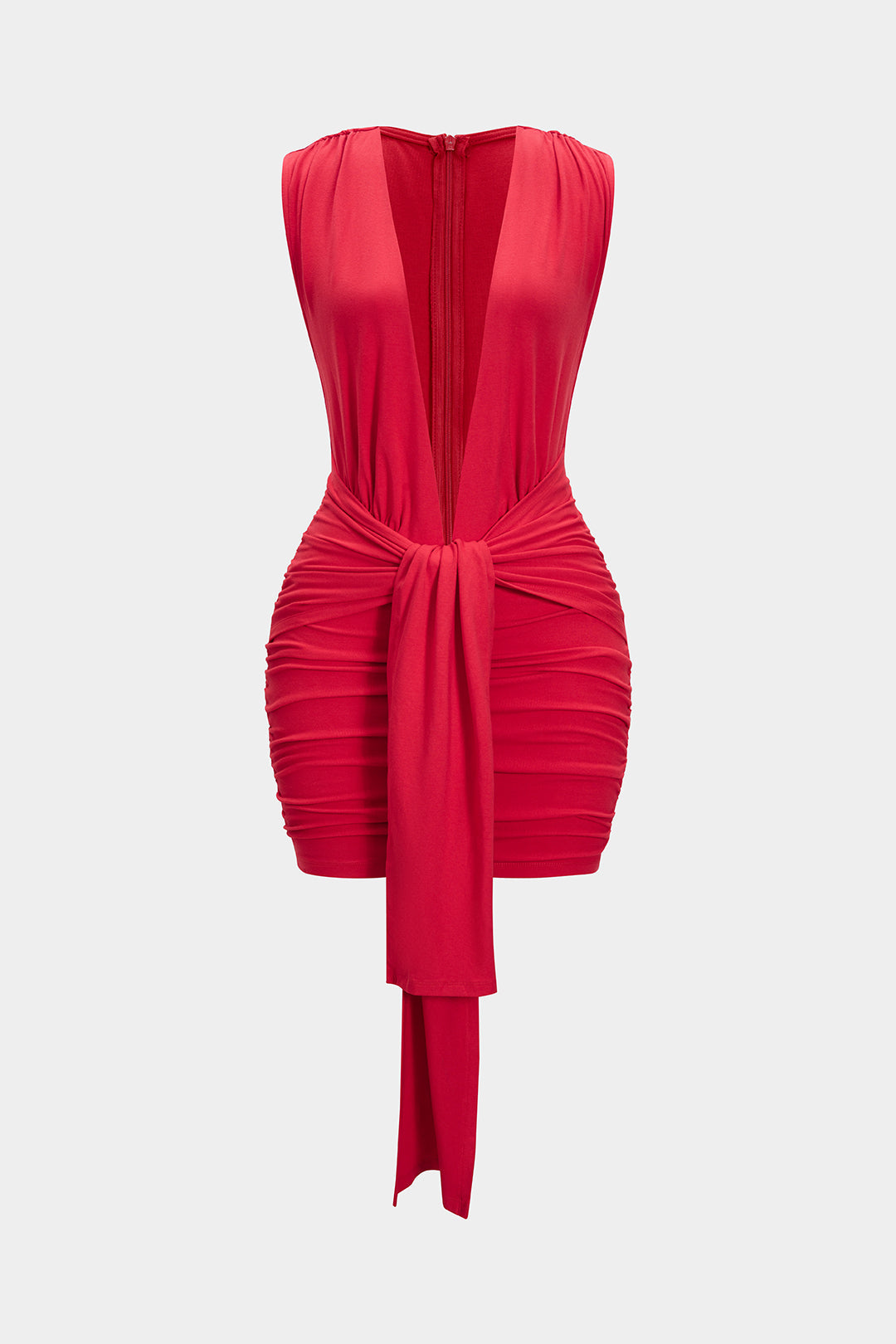 V-Neck Tie Front Ruched Sleeveless Mini Dress