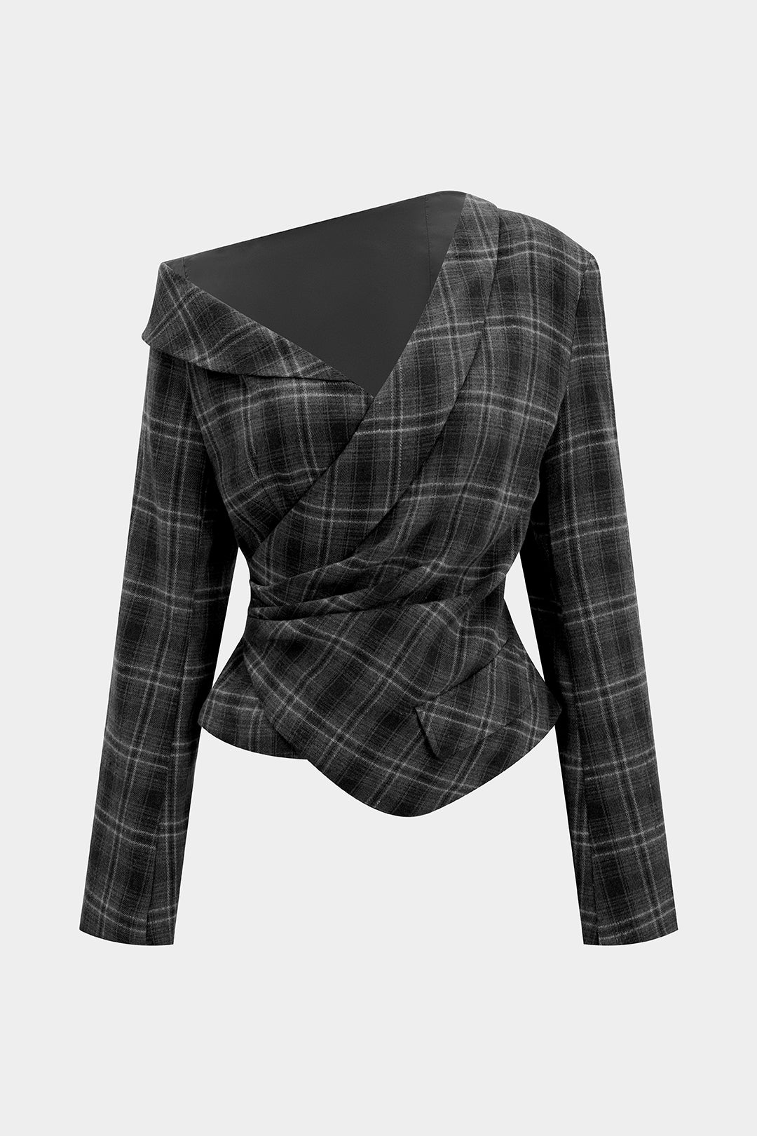 Asymmetrisches, schulterfreies Langarm-Top mit Karo-Print und Raffungen