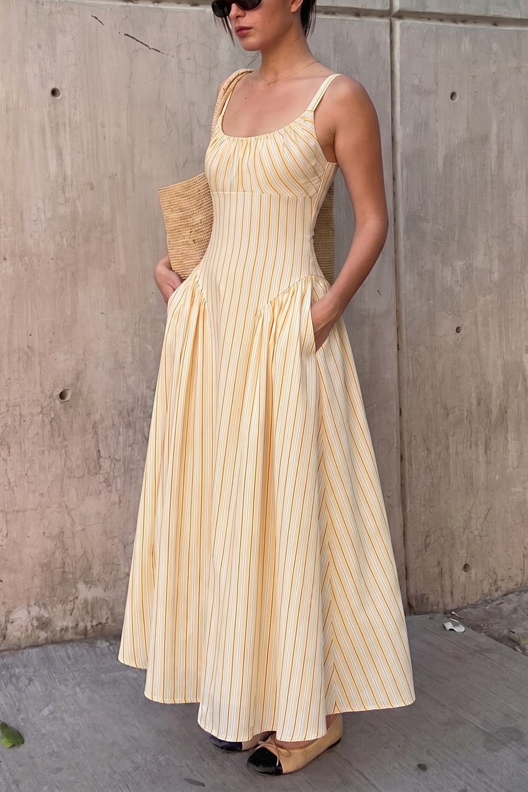 Stripes Print Round Neck Pocket Sleeveless Maxi Dress