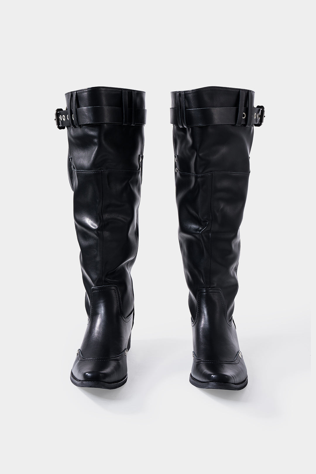 Leather Ruched Buckle Knee High Boots